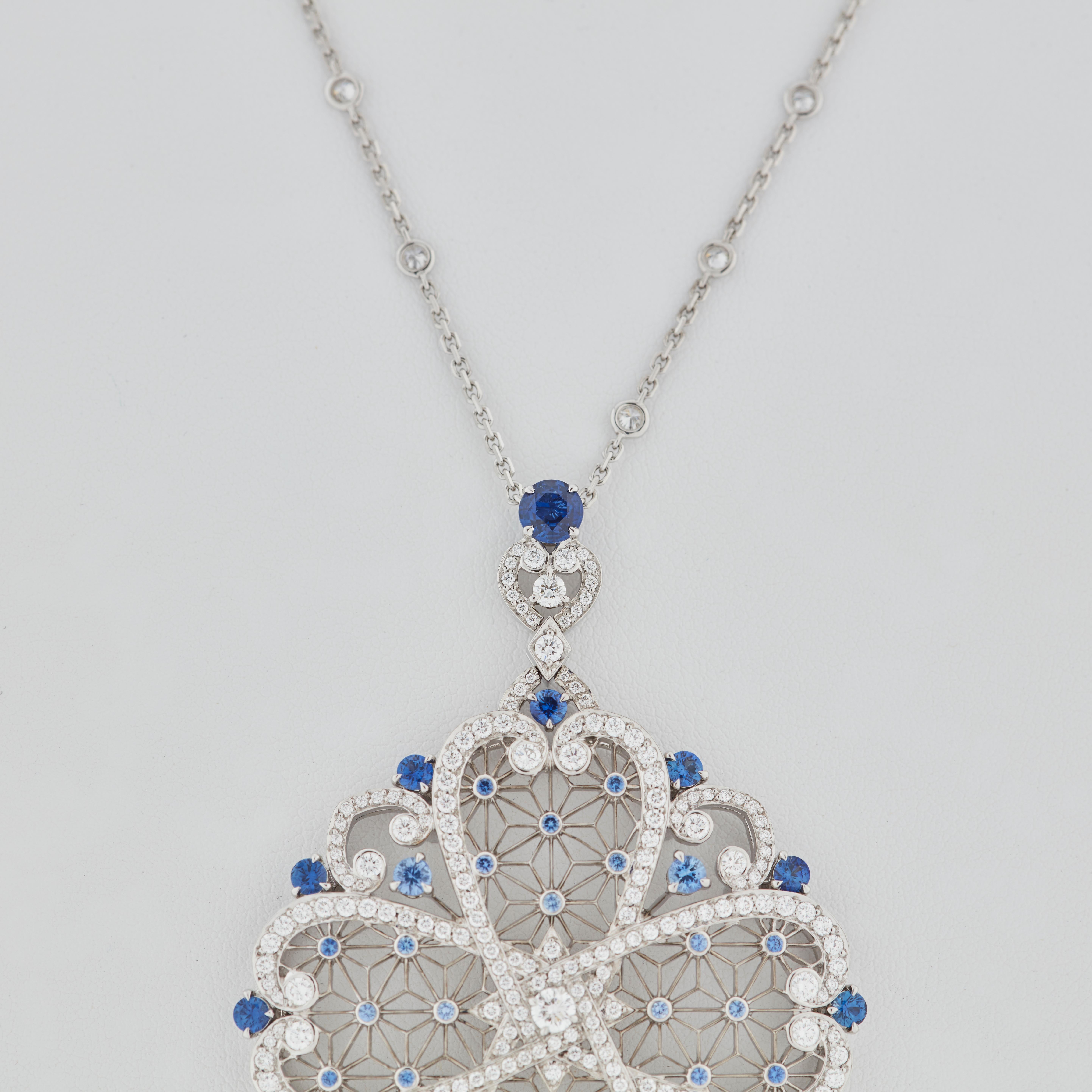 Garrard 'Muse' Filigree 18 Karat White Gold Diamond and Blue Sapphire Necklace For Sale 1