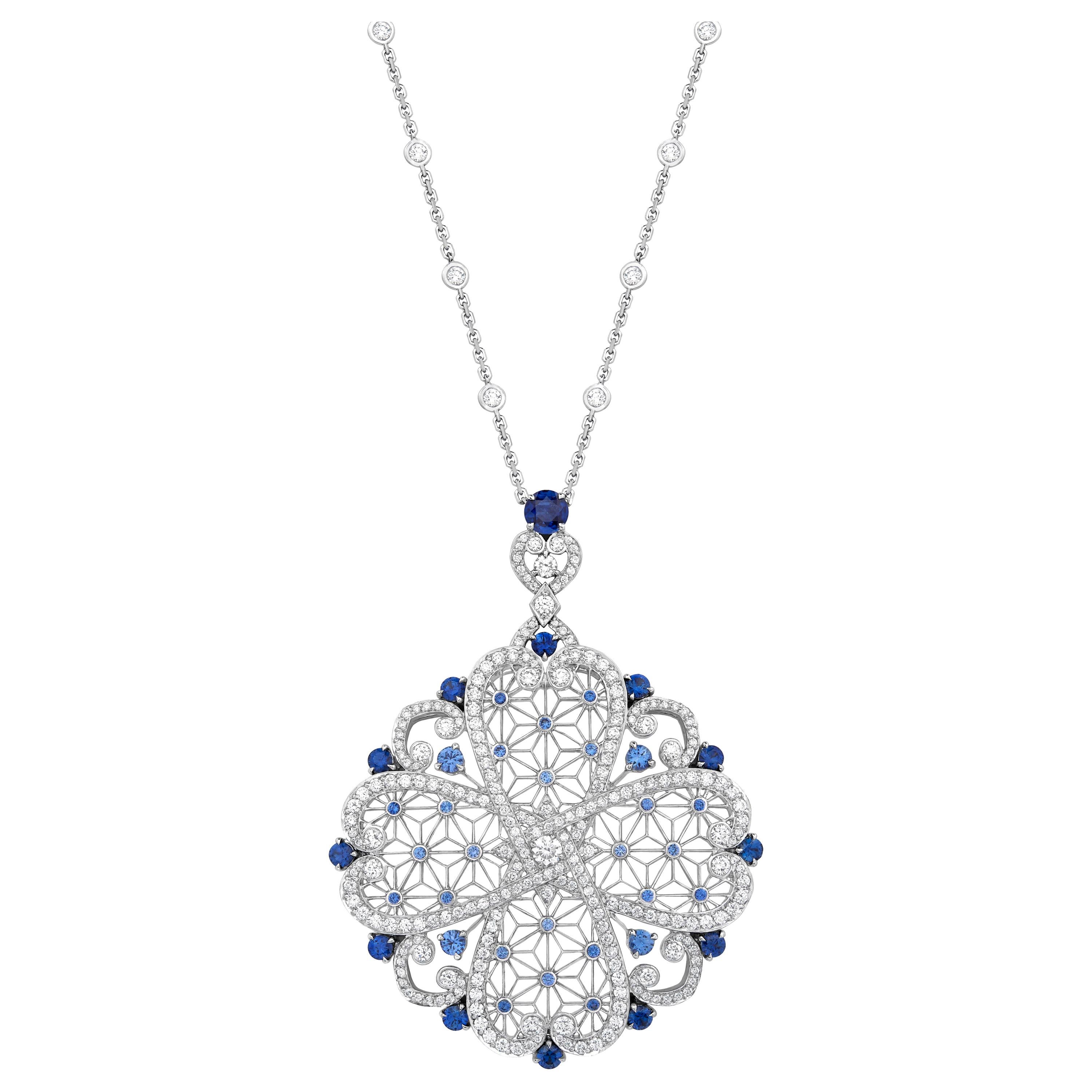 Garrard 'Muse' Filigree 18 Karat White Gold Diamond and Blue Sapphire Necklace For Sale