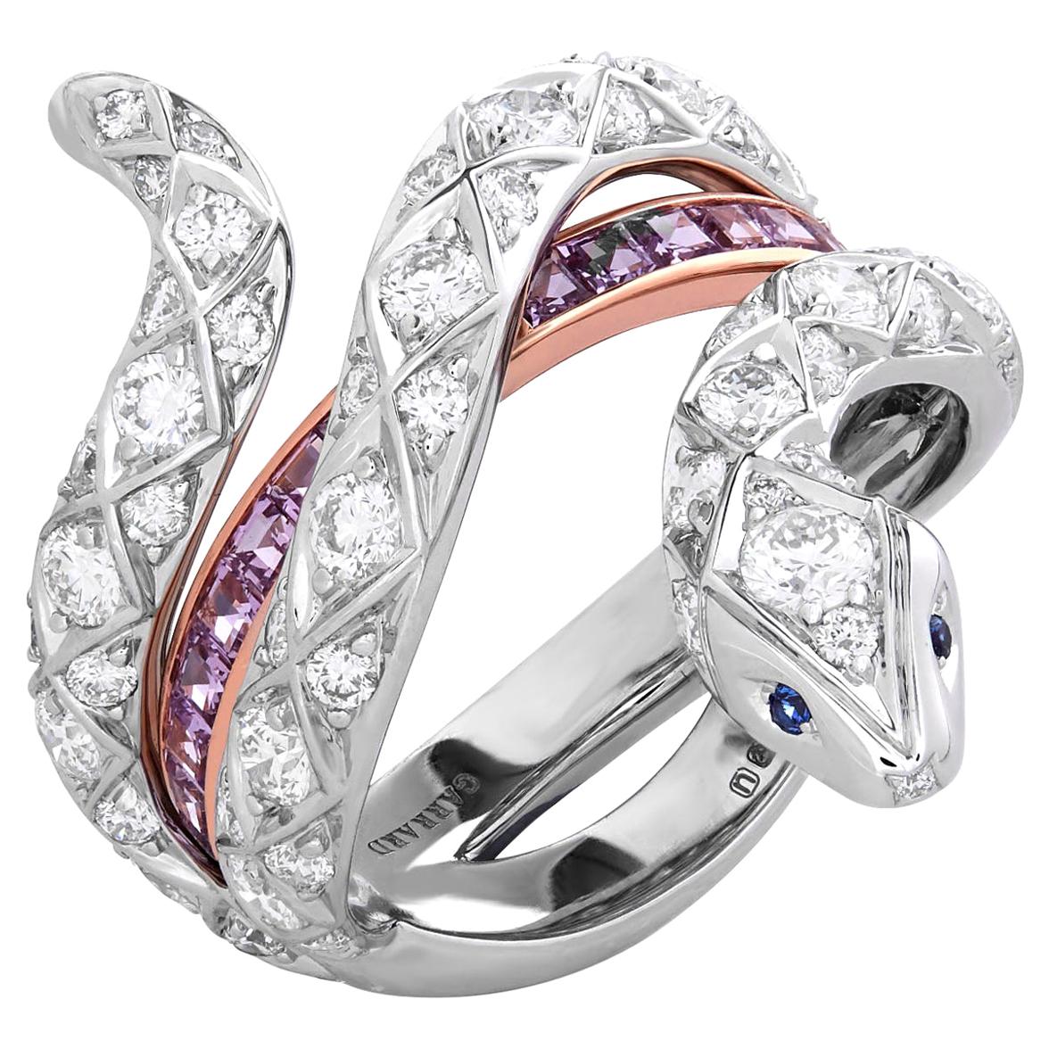 Garrard 'Muse' Serpent 18 Karat White Gold Diamond and Purple Sapphire Ring For Sale