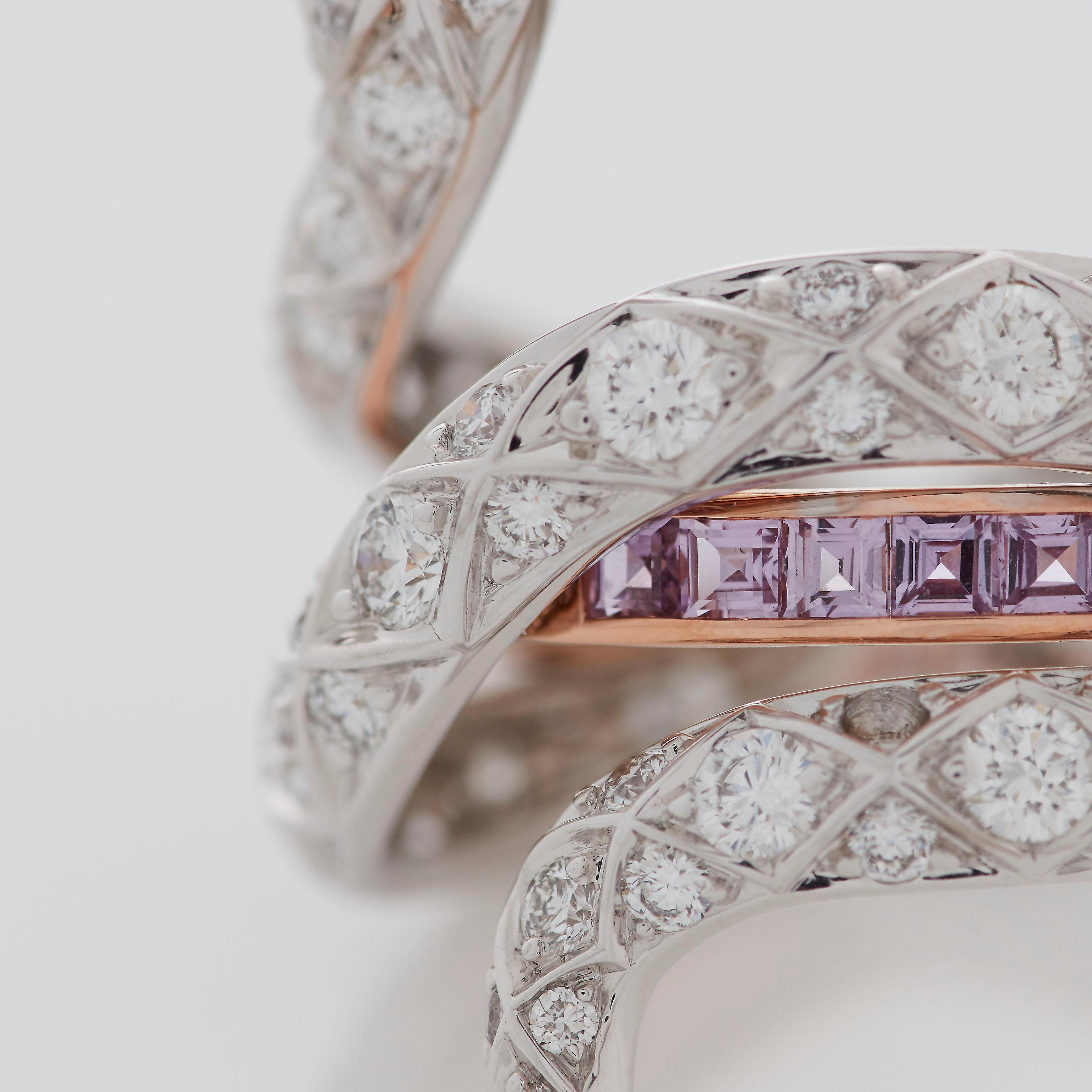 Modern Garrard 'Muse' Serpent 18 Karat White Gold Diamond and Purple Sapphire Ring For Sale