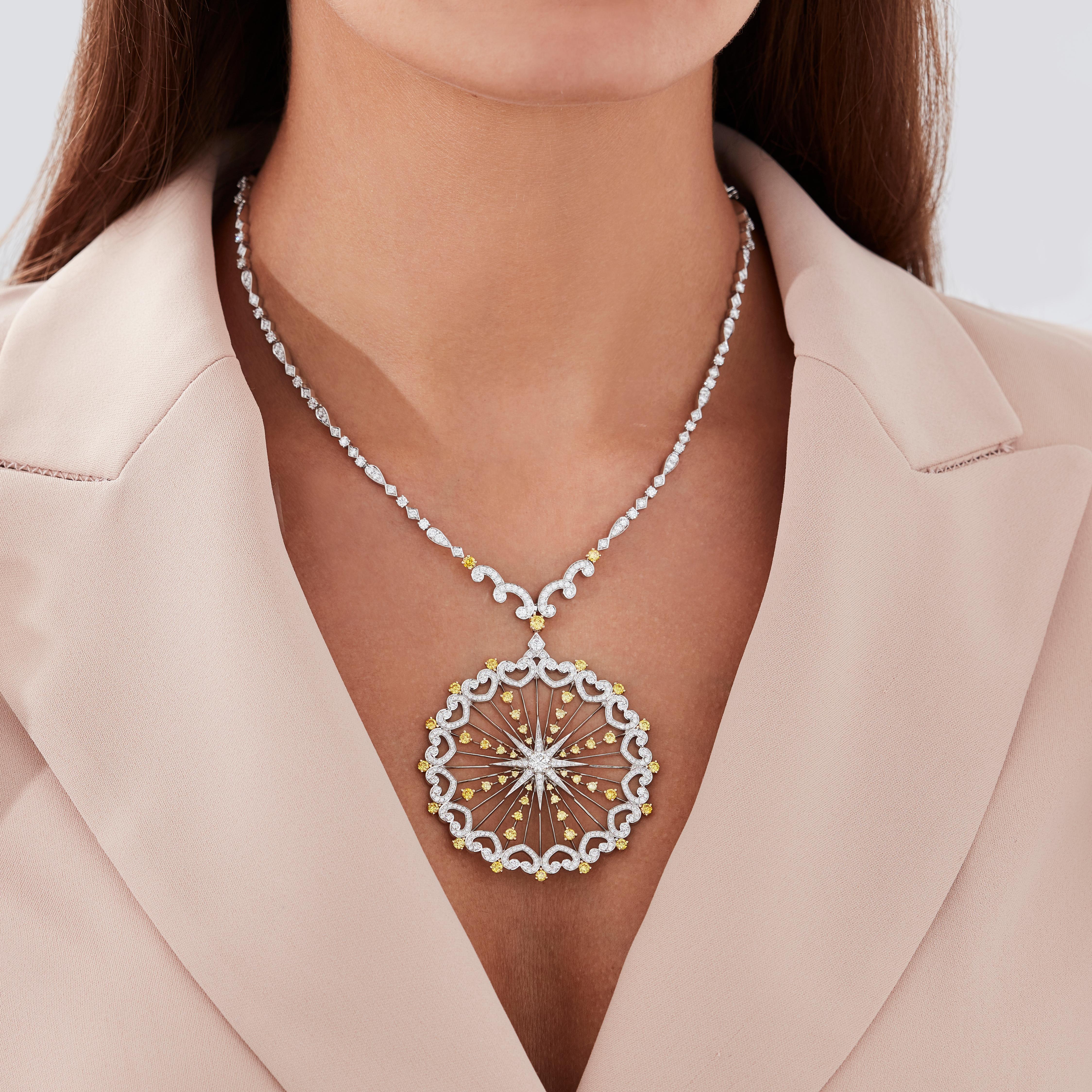 A House of Garrard 18 karat white gold 'Starlight' necklace from the 'Muse' collection, set with round white diamonds and round yellow diamonds. 

461 round white diamonds weighing: 7.50cts
50 round yellow diamonds weighing: 2.73cts
Total diamond