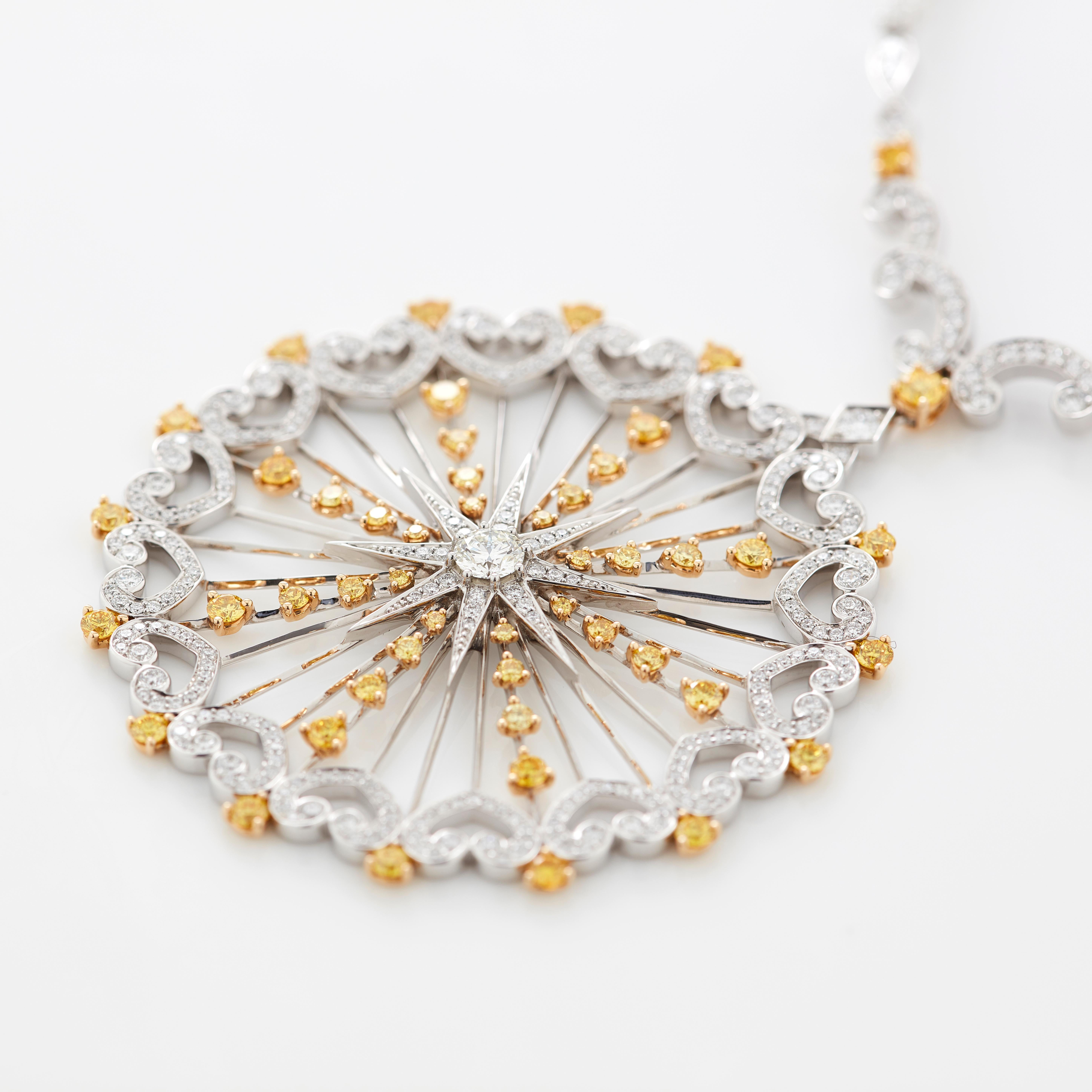 Round Cut Garrard 'Muse Starlight' 18 Karat White Gold White and Yellow Diamond Necklace For Sale
