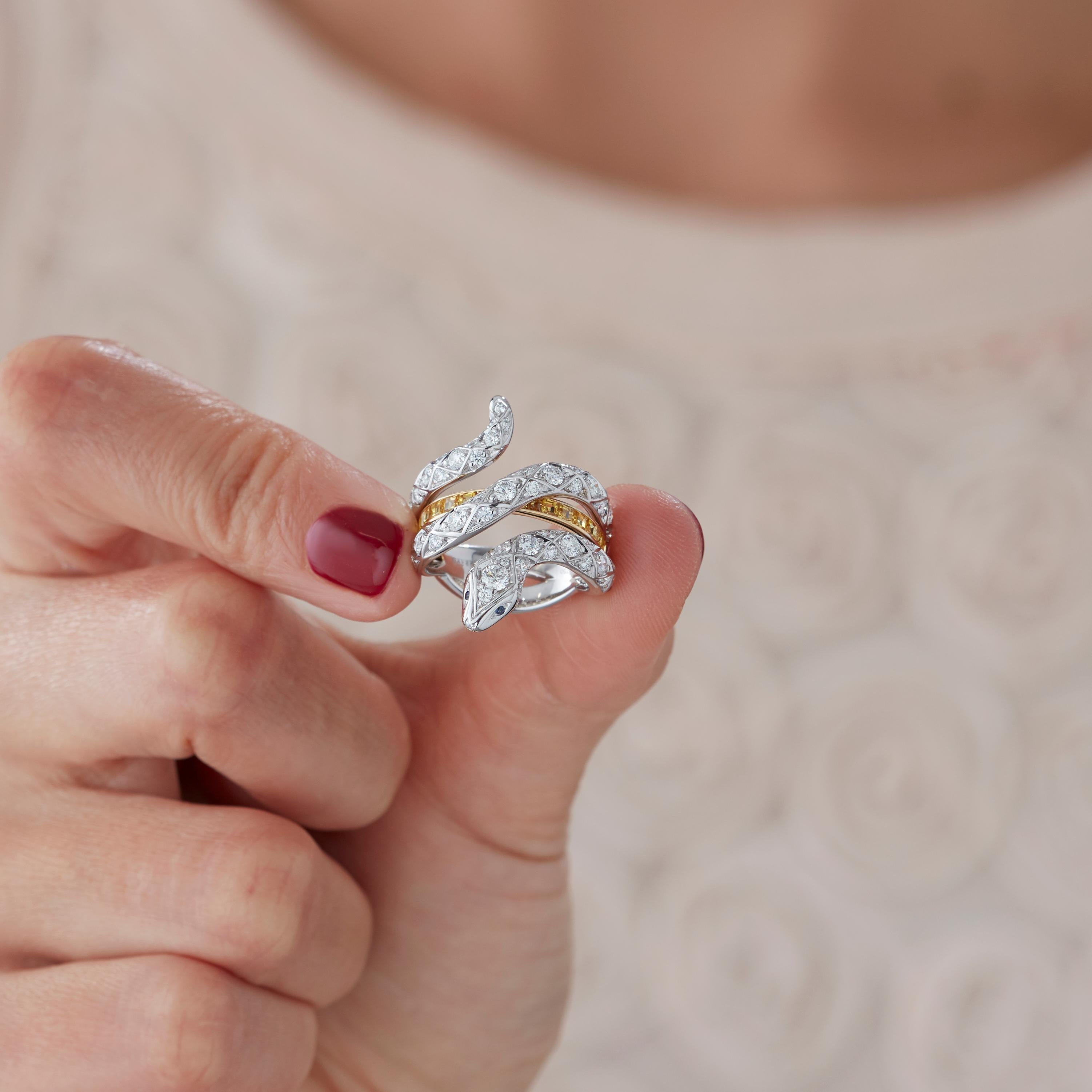 Round Cut Garrard 'Muse' 18 Karat Gold White Diamond and Sapphire Signature Serpent Ring