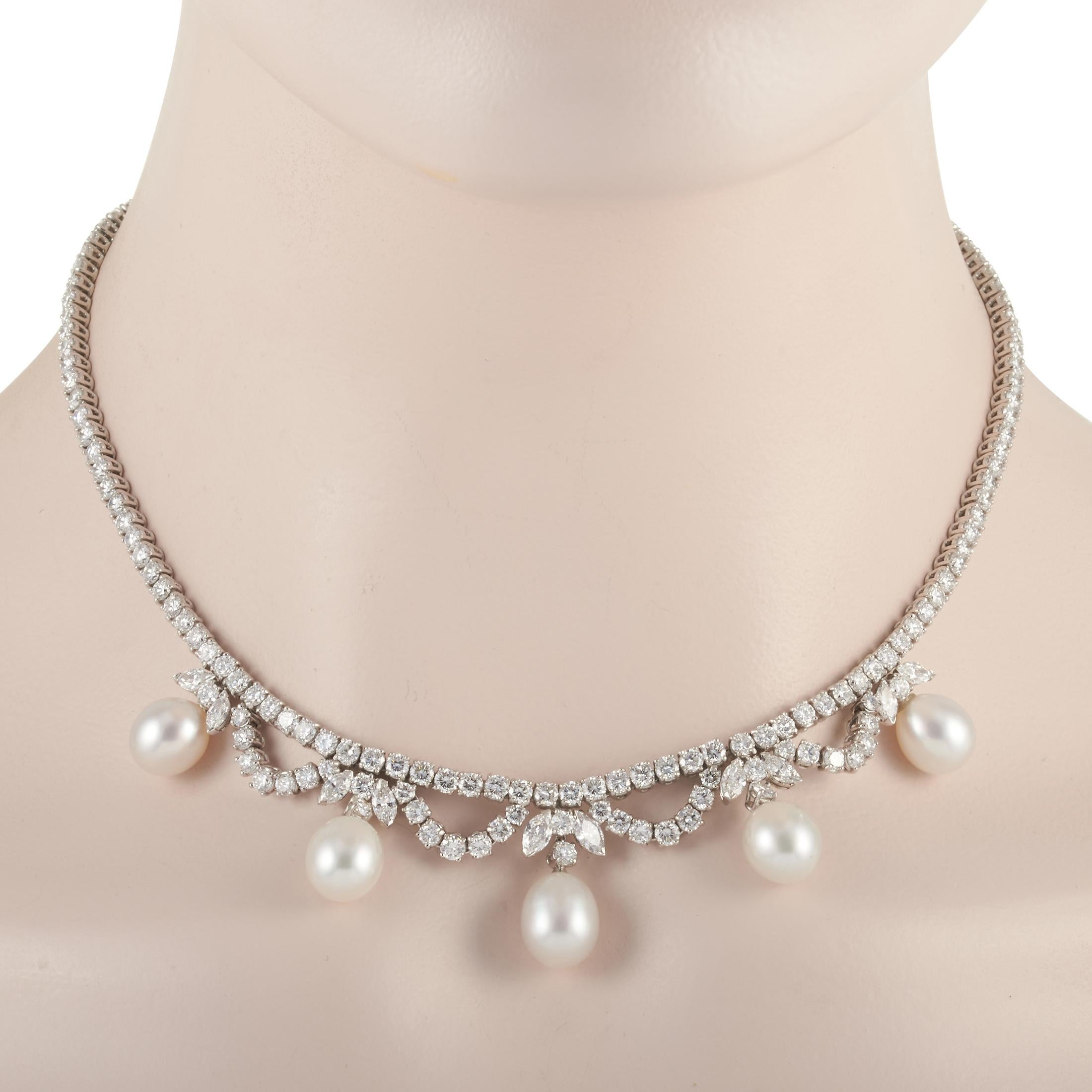 Round Cut Garrard Platinum 14.50 Carat Diamond and Pearl Necklace