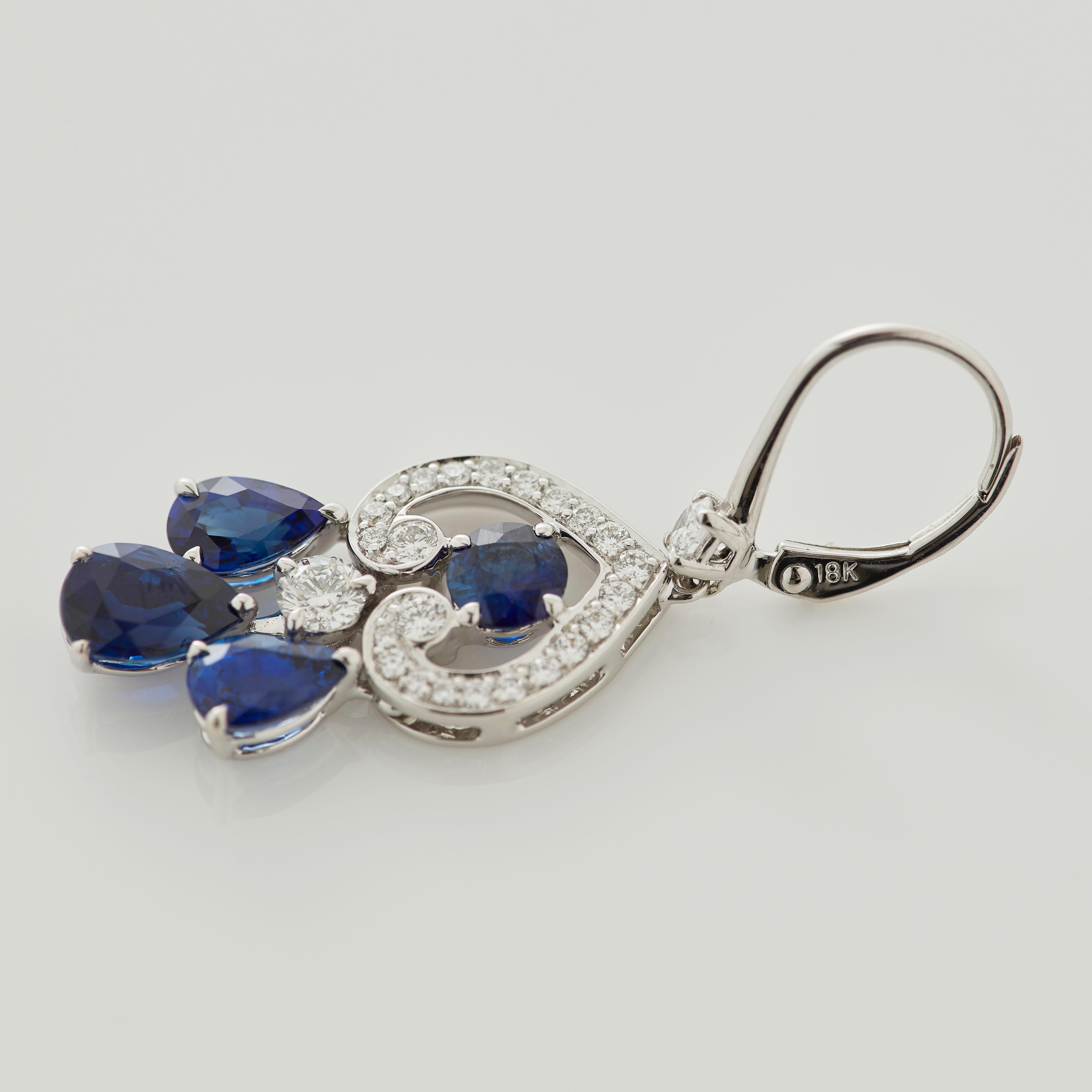 Pear Cut Garrard 'Regal' 18 Karat White Gold Diamond and Blue Sapphire Drop Earrings For Sale