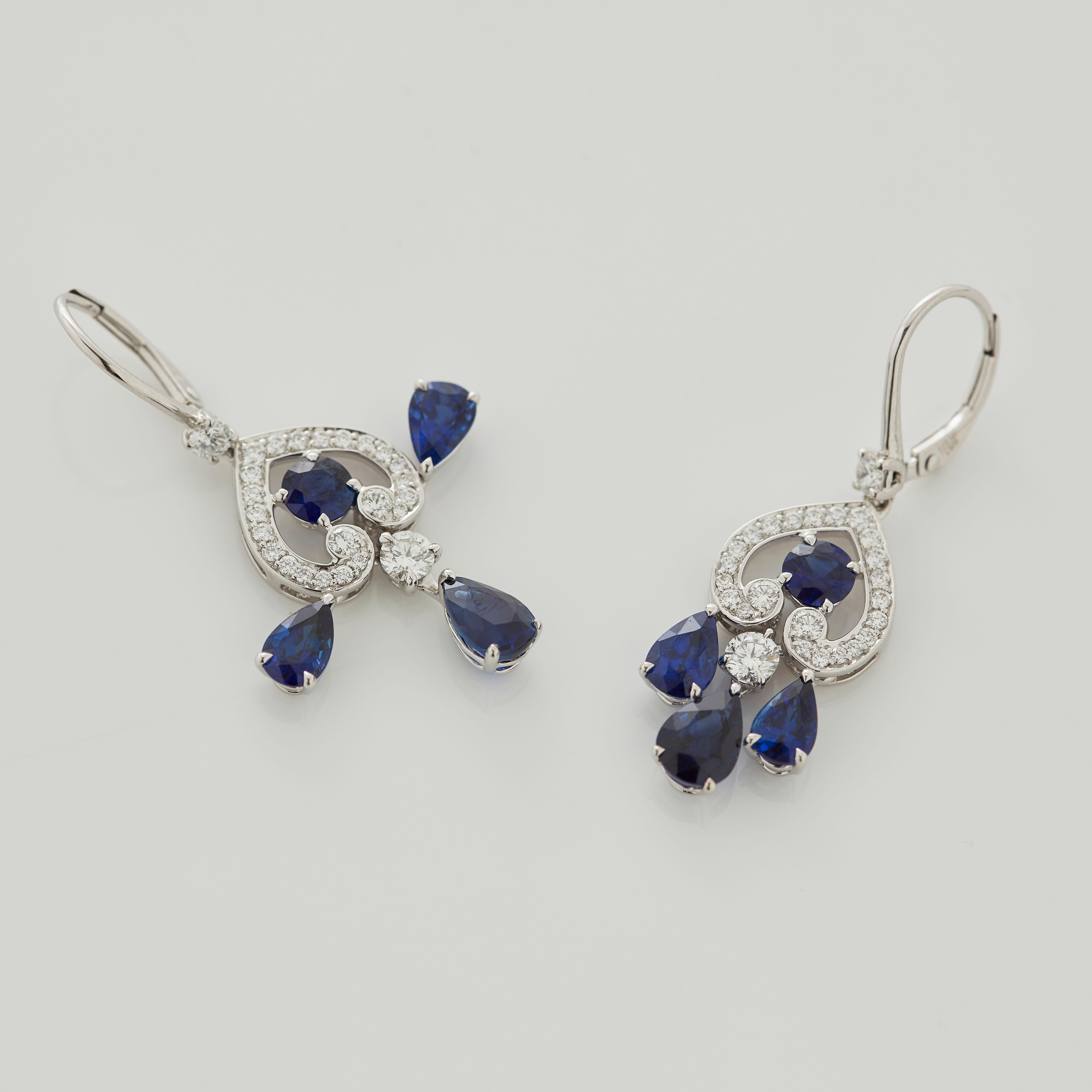 Garrard 'Regal' 18 Karat White Gold Diamond and Blue Sapphire Drop Earrings In New Condition For Sale In London, London