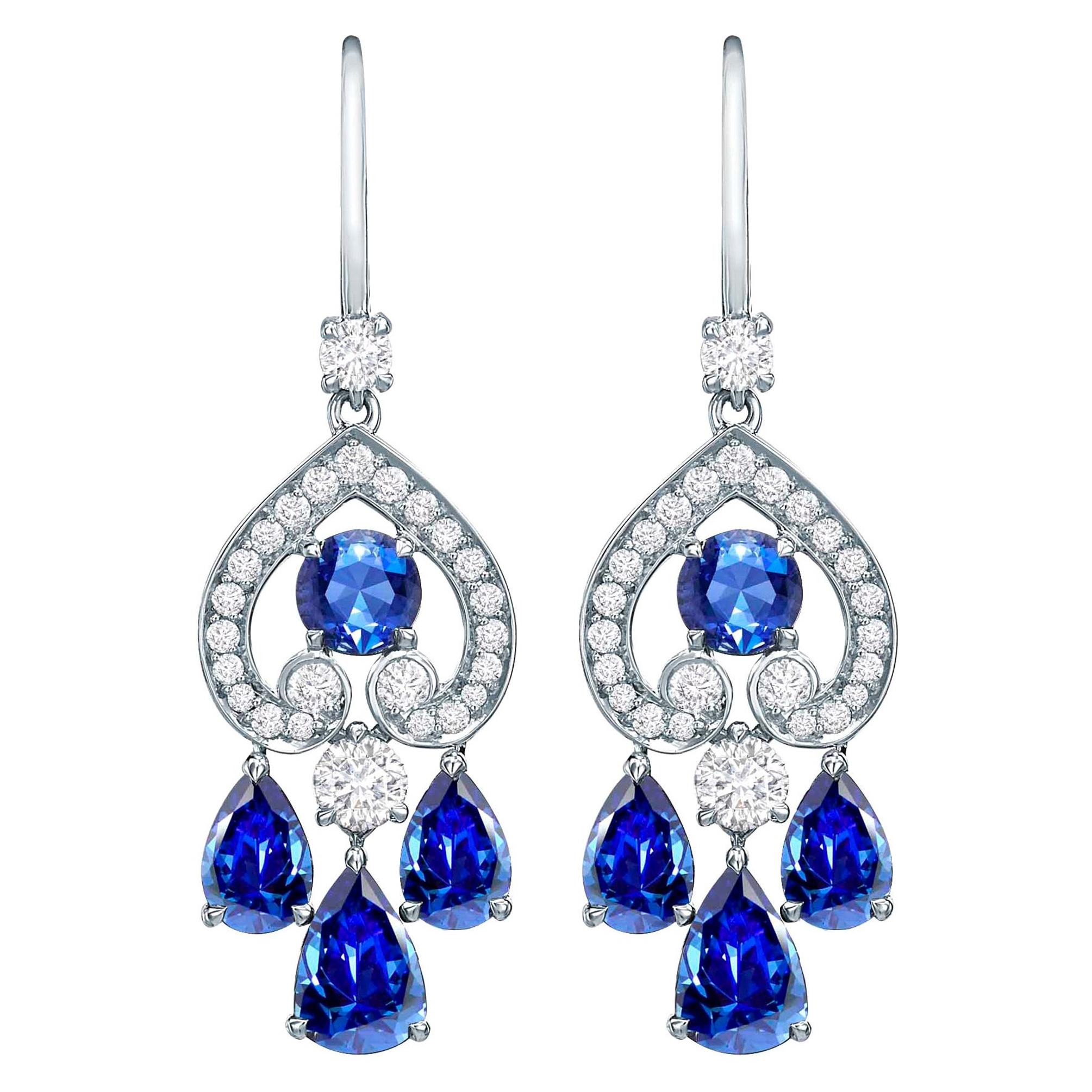 Garrard 'Regal' 18 Karat White Gold Diamond and Blue Sapphire Drop Earrings For Sale