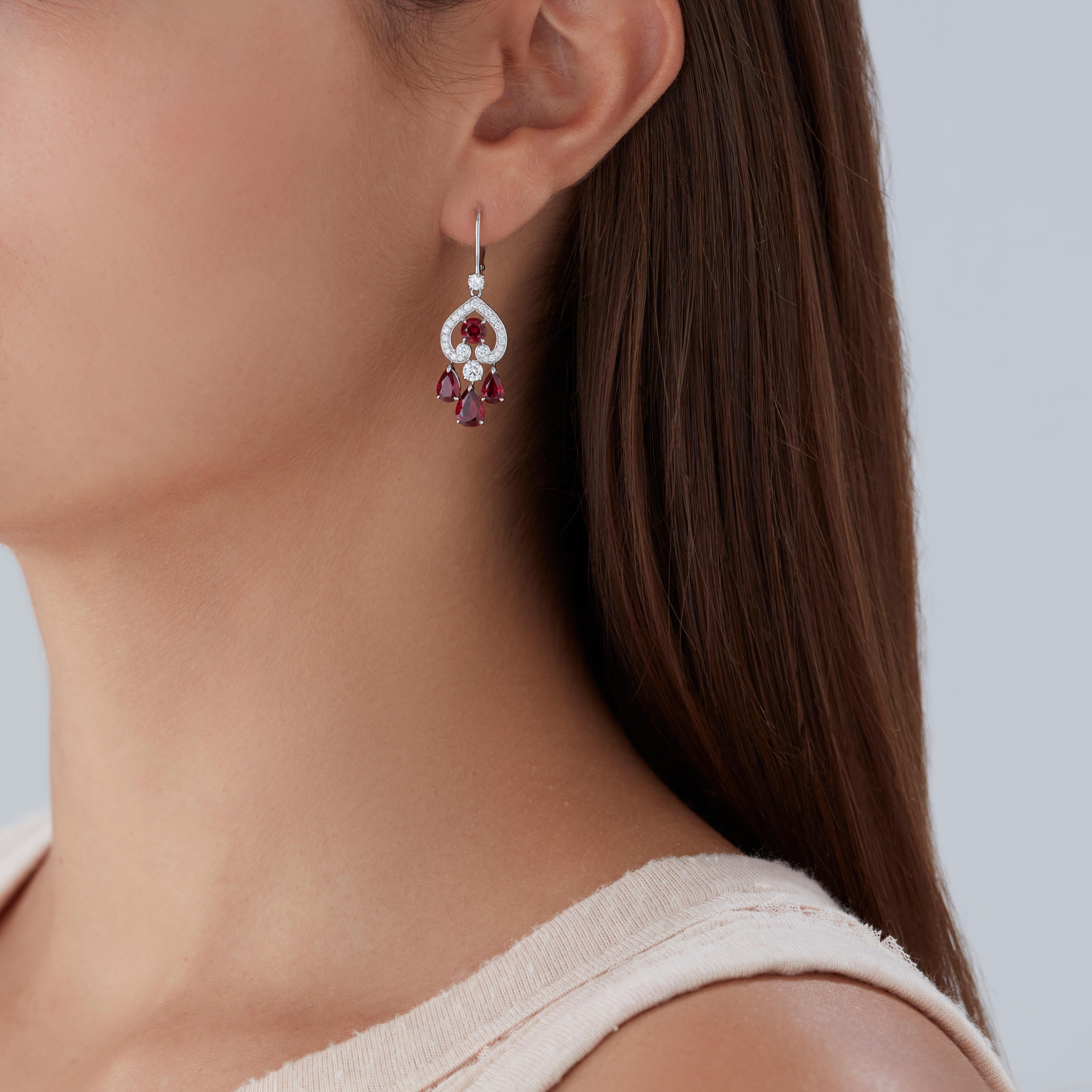 A House of Garrard pair of 18 karat white gold 'Mini Ruby Drop' earrings from the 'Regal Cascade' collection, set with rubies and white diamonds. 

8 rubies weighing: 4.86cts 
50 white diamonds weighing: 0.88cts 

The House of Garrard is the longest