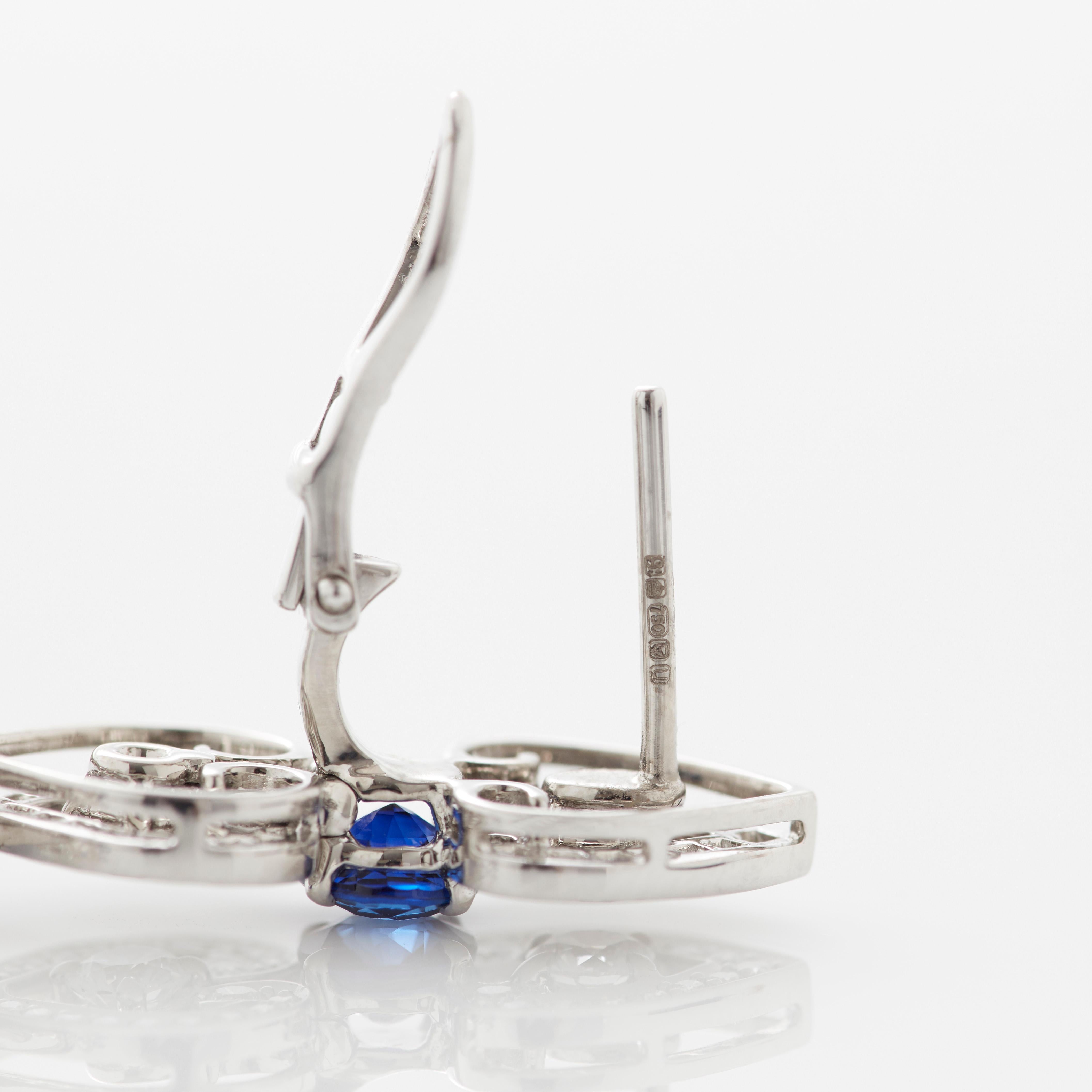 Garrard 'Regal Cascade' 18 Karat White Gold White Diamond Blue Sapphire Earrings For Sale 3