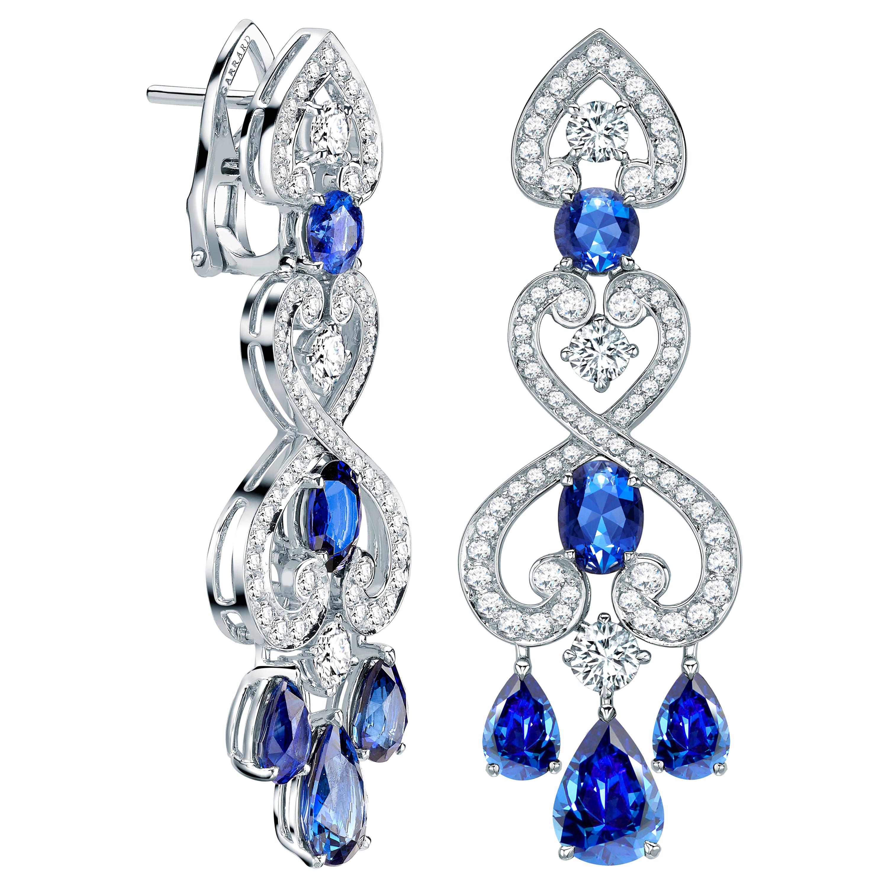 Garrard 'Regal Cascade' 18 Karat White Gold White Diamond Blue Sapphire Earrings For Sale
