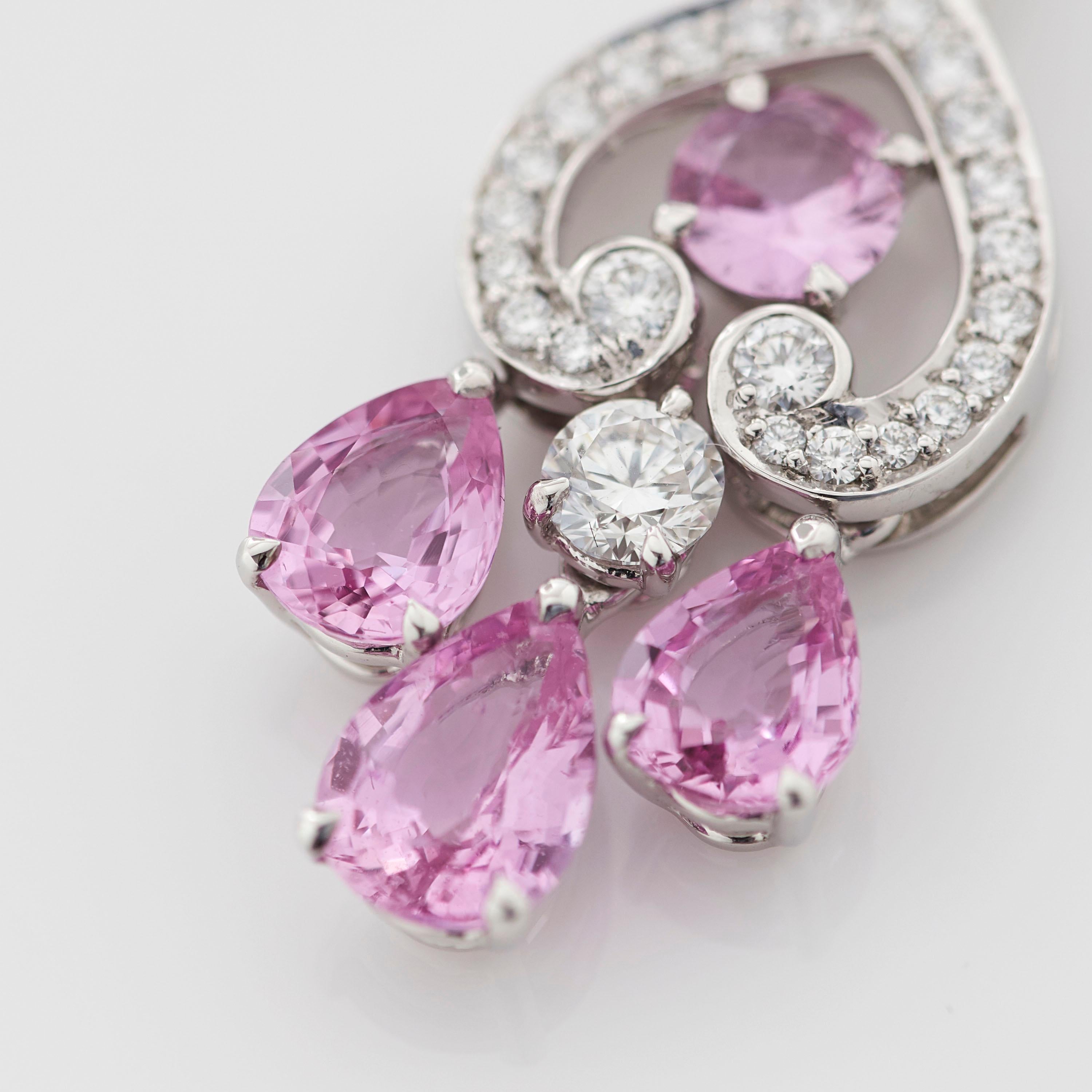 Round Cut Garrard 'Regal Cascade' 18 Karat White Gold White Diamond Pink Sapphire Earrings