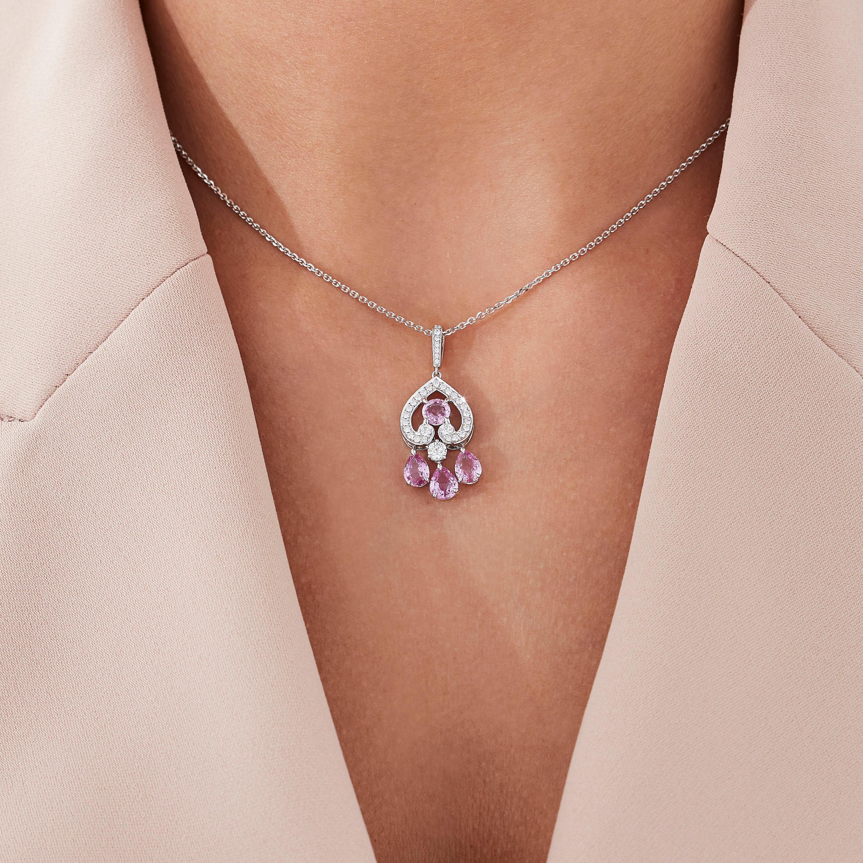 A House of Garrard 18 karat white gold pendant from the 'Regal Cascade' collection, set with round white diamonds and round and pearshape pink sapphires.

34 round white diamonds weighing: 0.44cts
4 pink sapphires weighing: 2.24cts

The House of