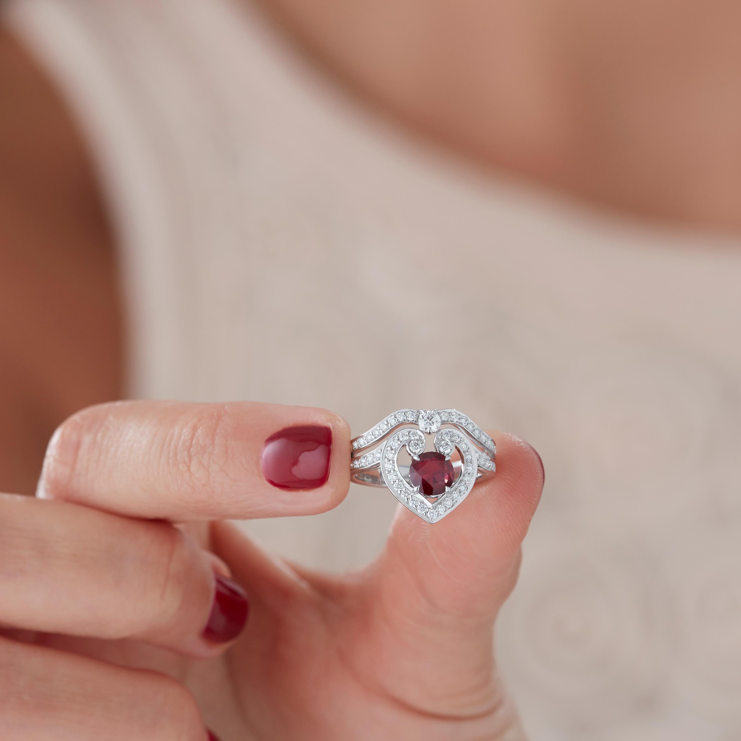 Modern Garrard 'Regal Cascade' 18 Karat White Gold, White Diamond and Ruby Ring For Sale