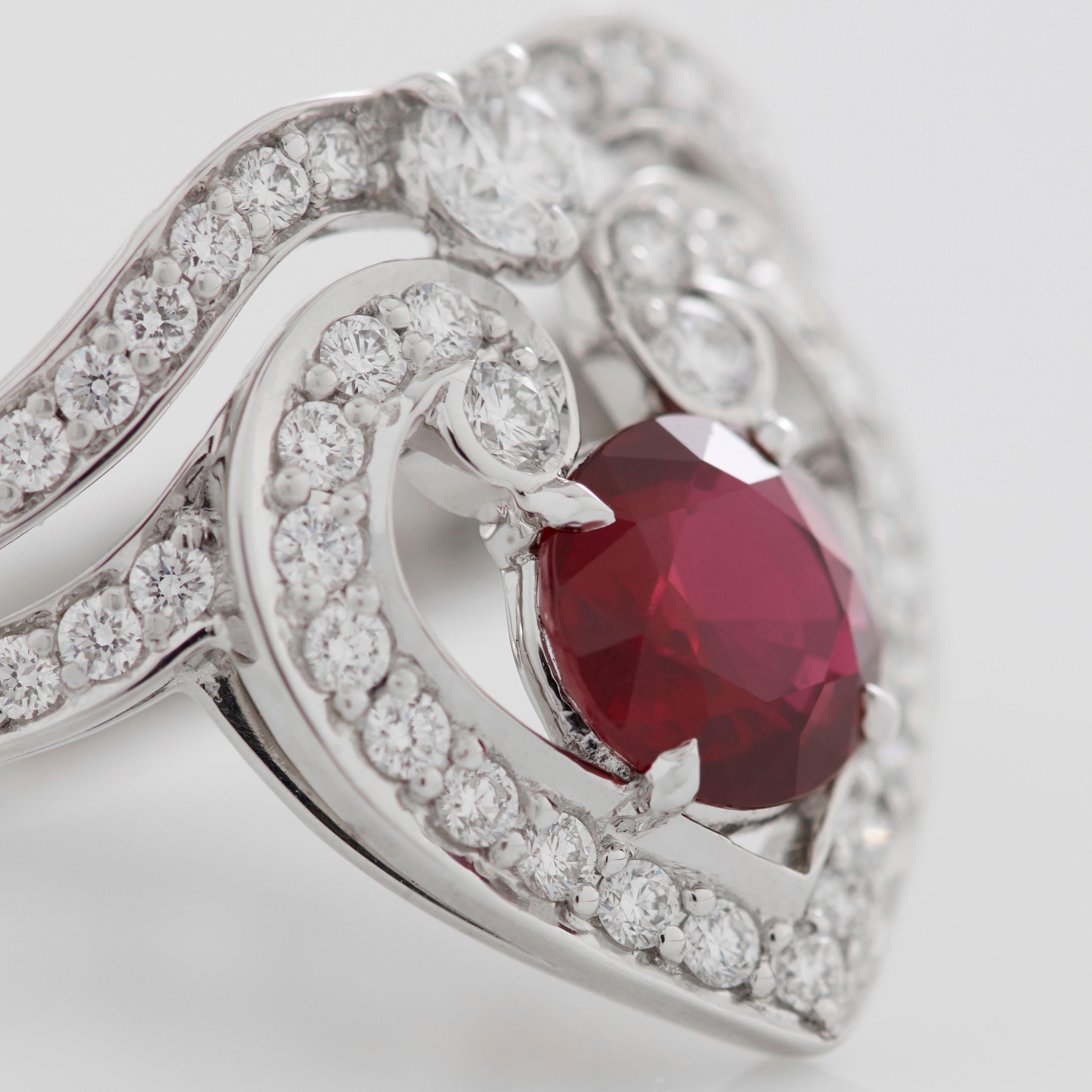 Round Cut Garrard 'Regal Cascade' 18 Karat White Gold, White Diamond and Ruby Ring For Sale