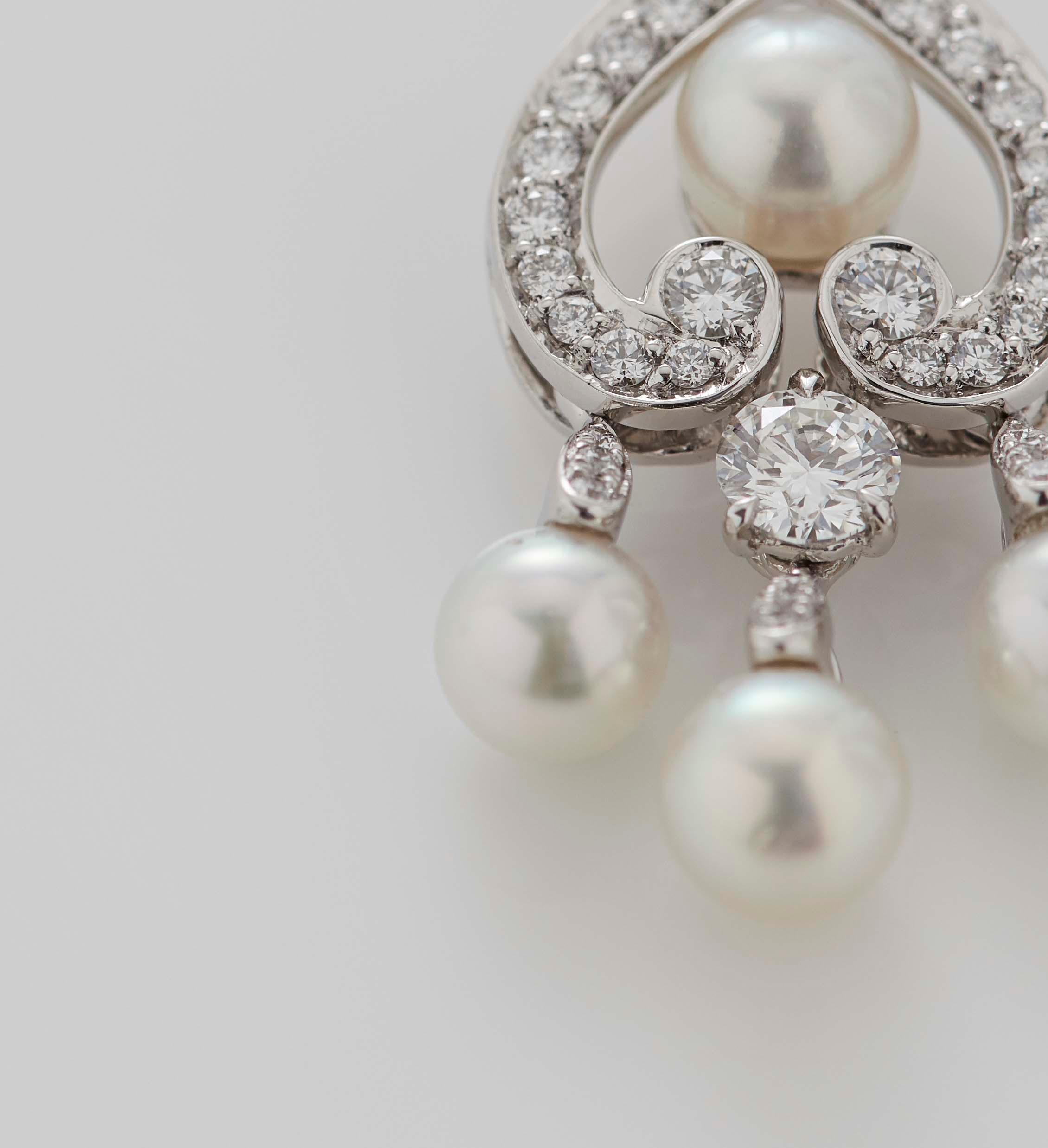 Round Cut Garrard 'Regal Cascade' 18 Karat White Gold White Diamond White Pearl Earrings For Sale