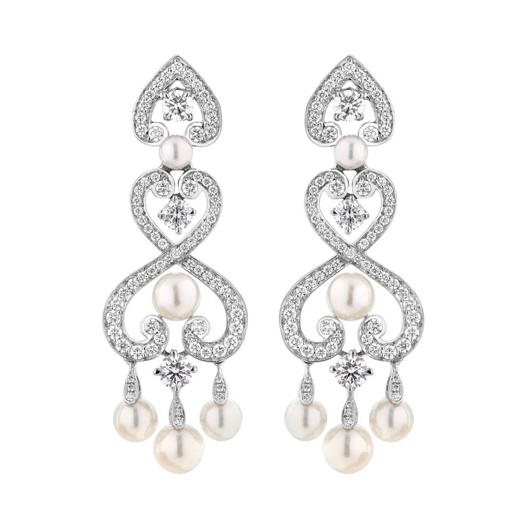 Garrard 'Regal Cascade' 18 Karat White Gold White Diamond White Pearl  Earrings For Sale at 1stDibs