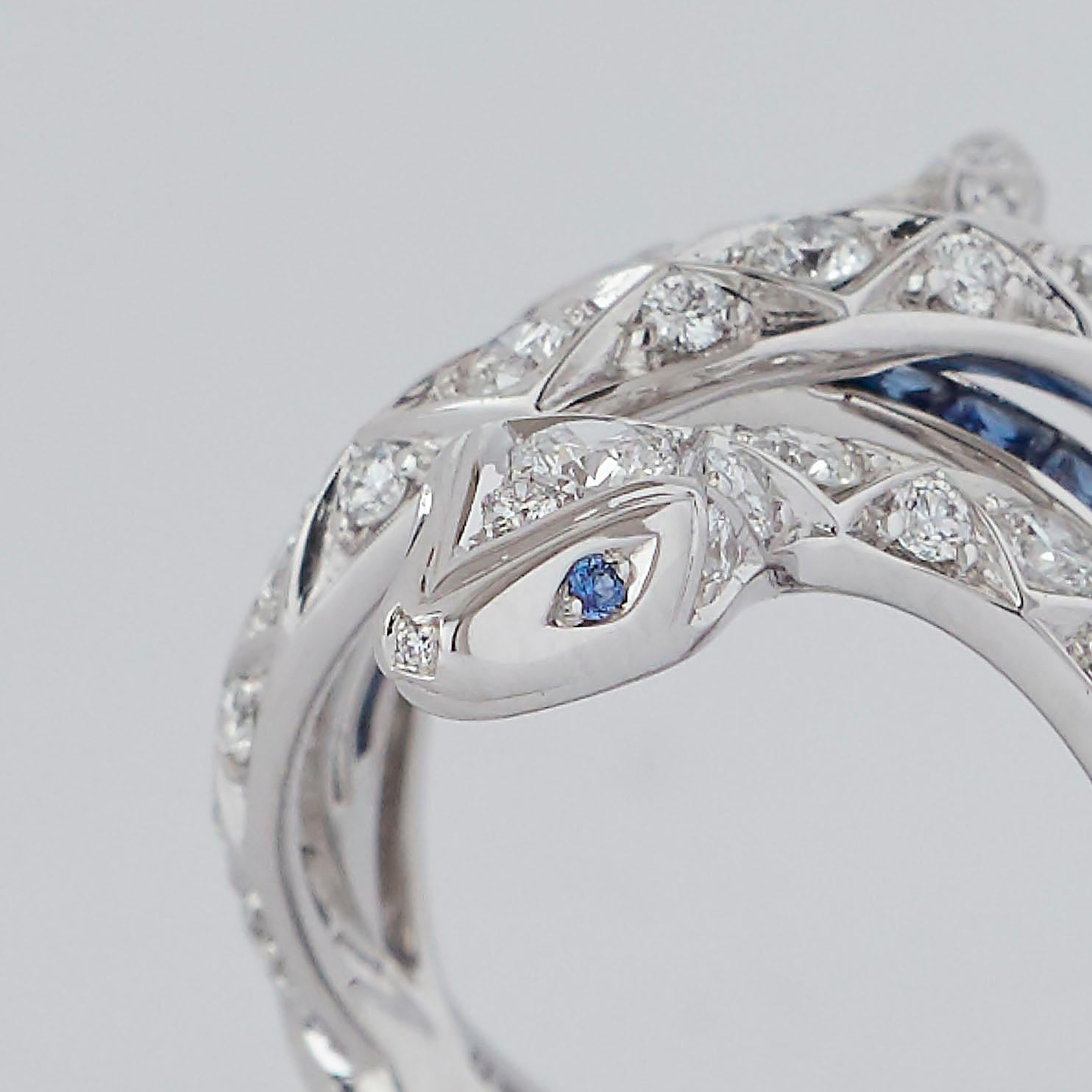 Modern Garrard 'Muse' Signature Serpent 18 Karat White Gold Sapphire and Diamond Ring For Sale
