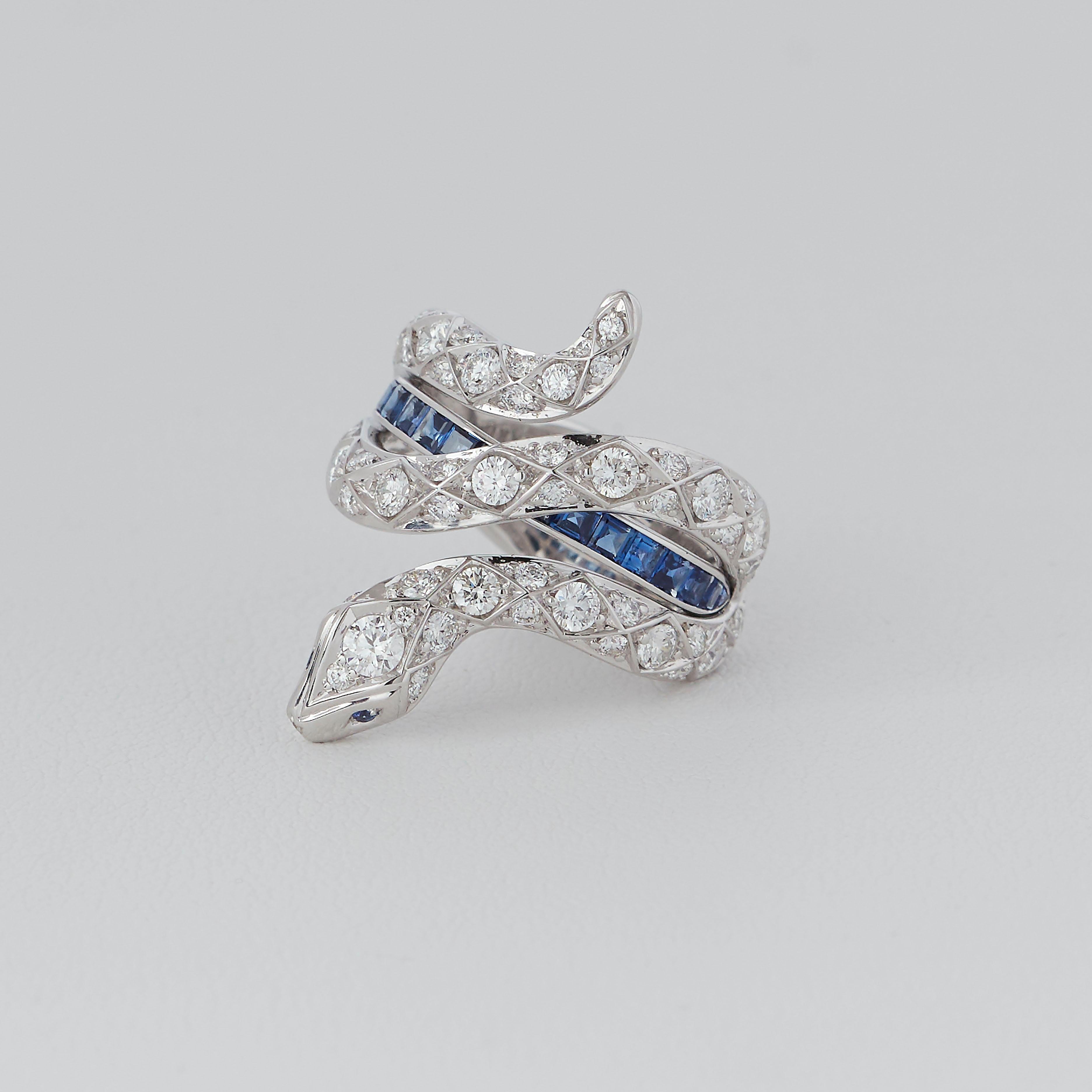 Round Cut Garrard 'Muse' Signature Serpent 18 Karat White Gold Sapphire and Diamond Ring For Sale