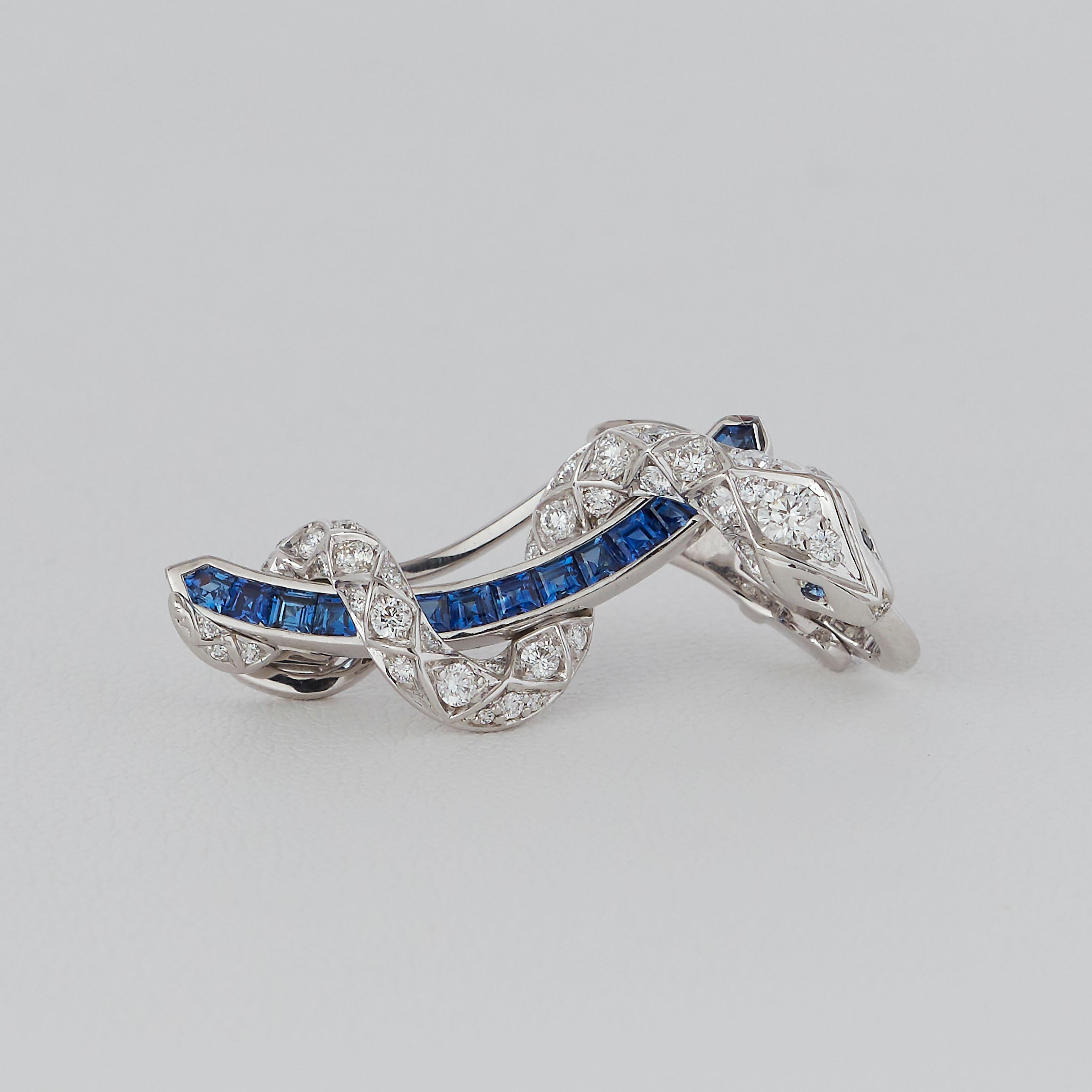 Garrard Signature Serpent 'Muse'18 Karat White Gold  Sapphire & Diamond Earrings In New Condition In London, London