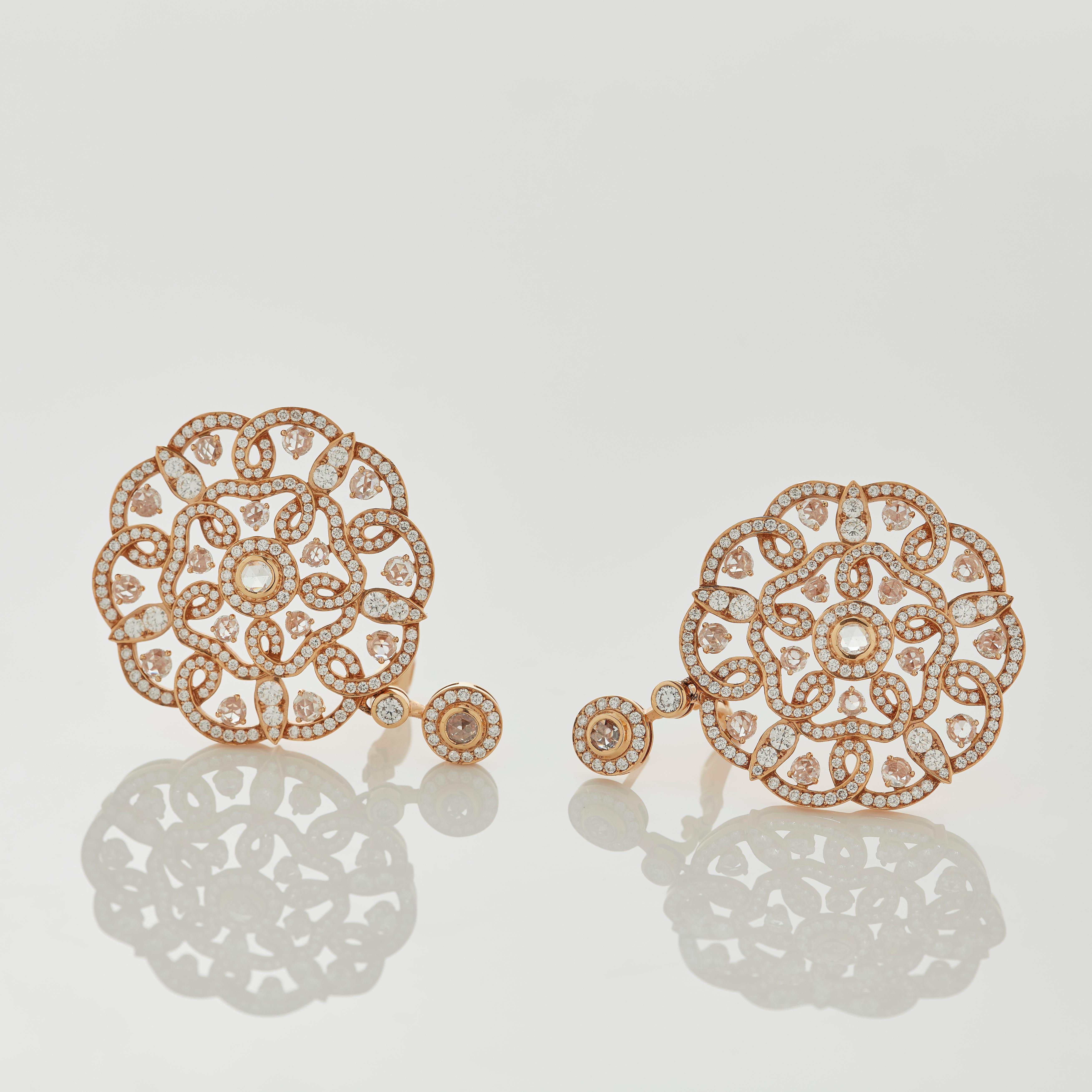 Garrard 'Tudor Rose' 18 Karat Rose Gold and Rose Cut Diamond Drop Earrings For Sale 3