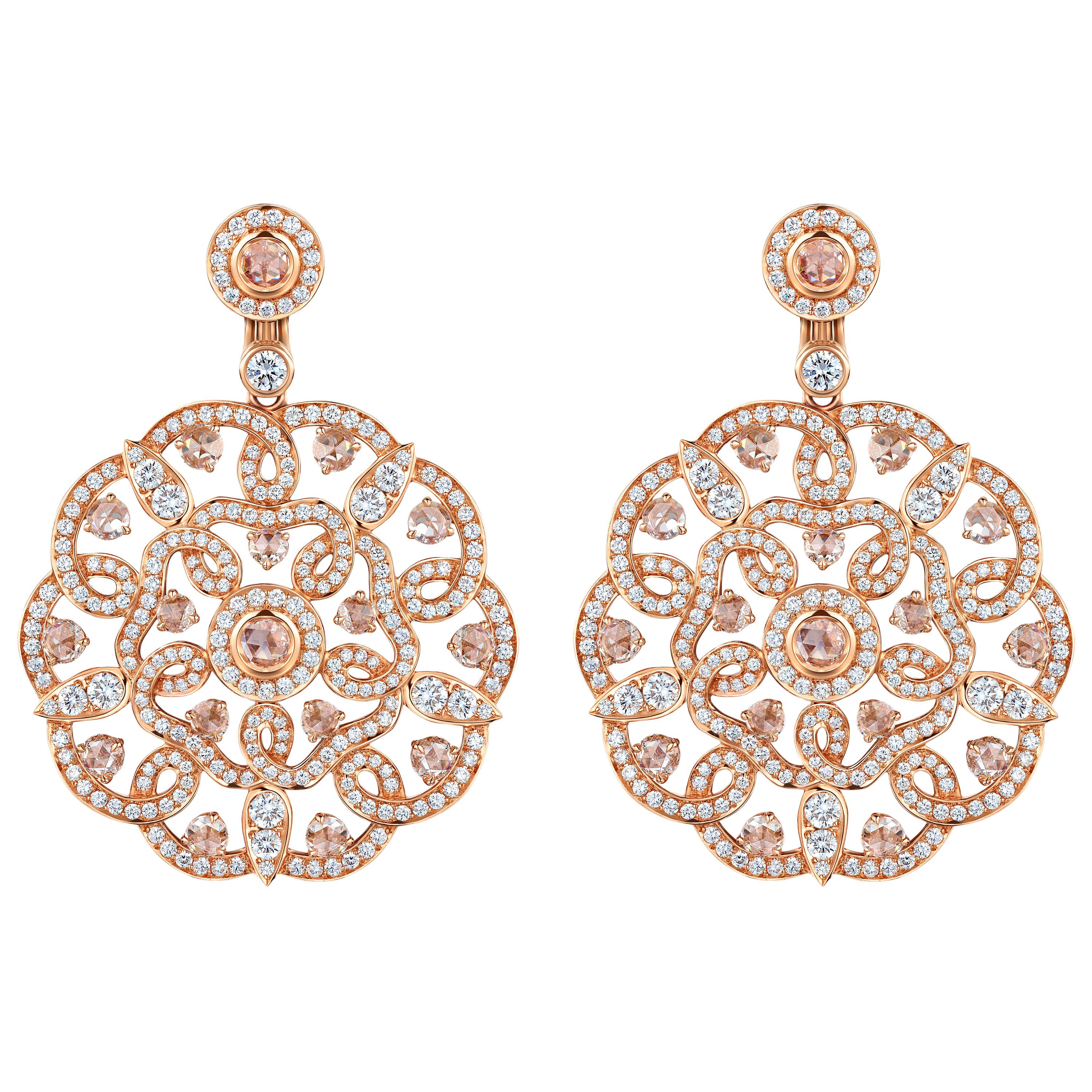 Garrard 'Tudor Rose' 18 Karat Rose Gold and Rose Cut Diamond Drop Earrings For Sale