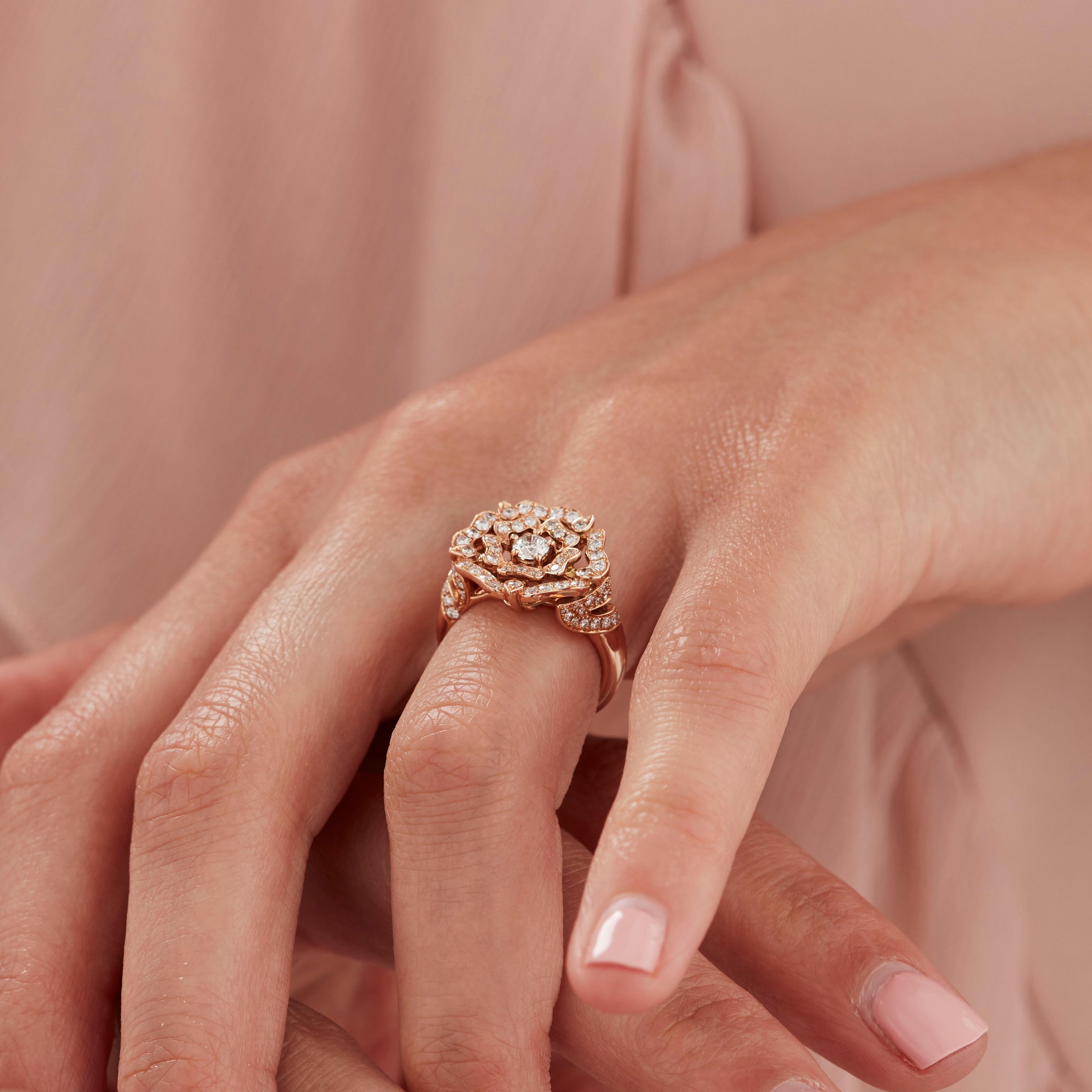 A House of Garrard 18 karat rose gold ring from the Tudor Rose collection set with round white diamonds.

83 round white diamonds weighing: 0.84cts
Total diamond weight: 0.84cts
Please note the once the ring is resized we cannot accept the