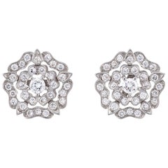 Garrard 'Tudor Rose' 18 Karat White Gold Round White Diamond Stud Earrings