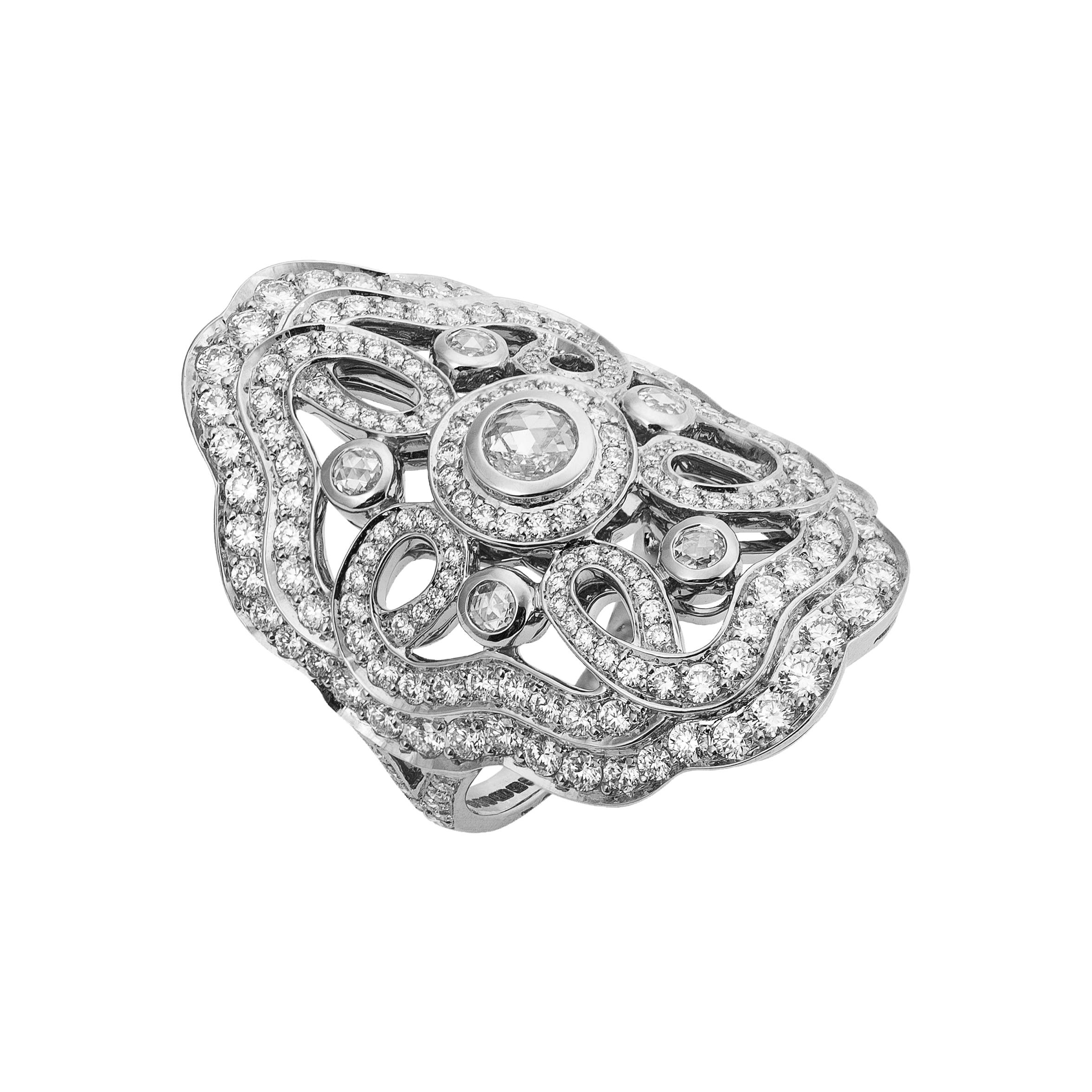 Garrard 'Tudor Rose Bloom' 18 Karat White Gold White Diamond Ring
