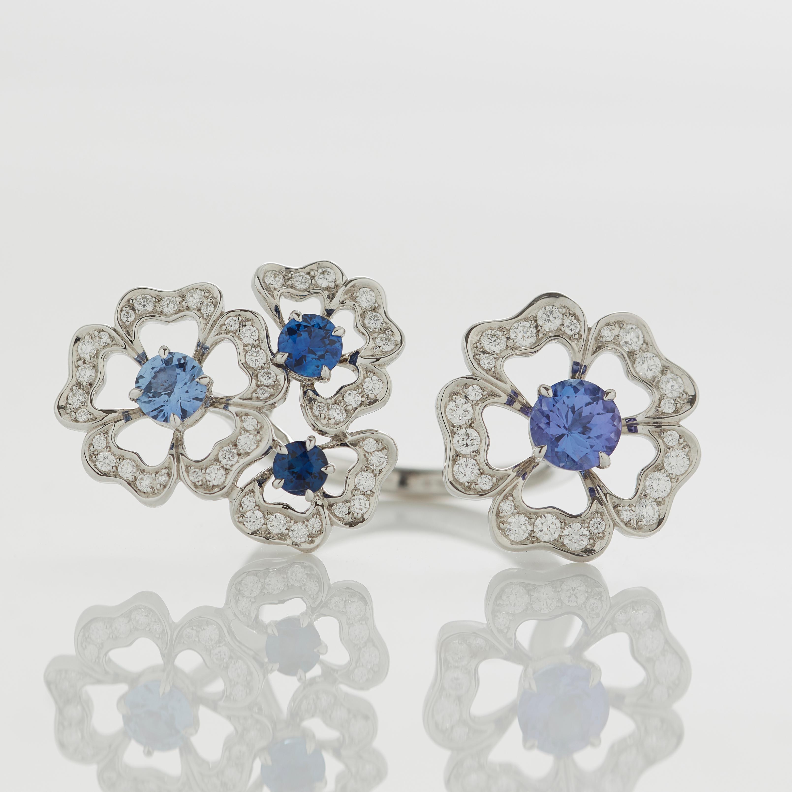 Garrard 'Tudor Rose Petal' 18 Karat White Gold Diamond and Blue Sapphire Ring 2