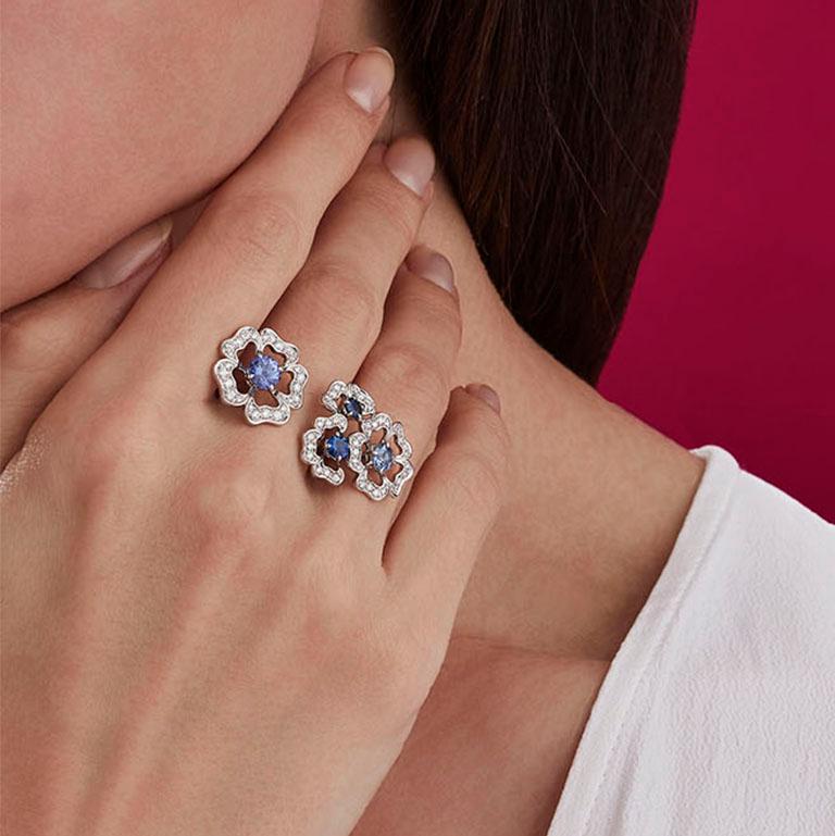 Garrard 'Tudor Rose Petal' 18 Karat White Gold Diamond and Blue Sapphire Ring 1