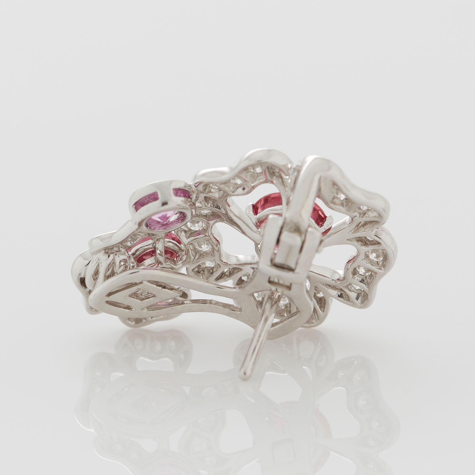Garrard 'Tudor Rose Petal' 18 Karat White Gold & Diamond Pink Sapphire Earrings For Sale 1