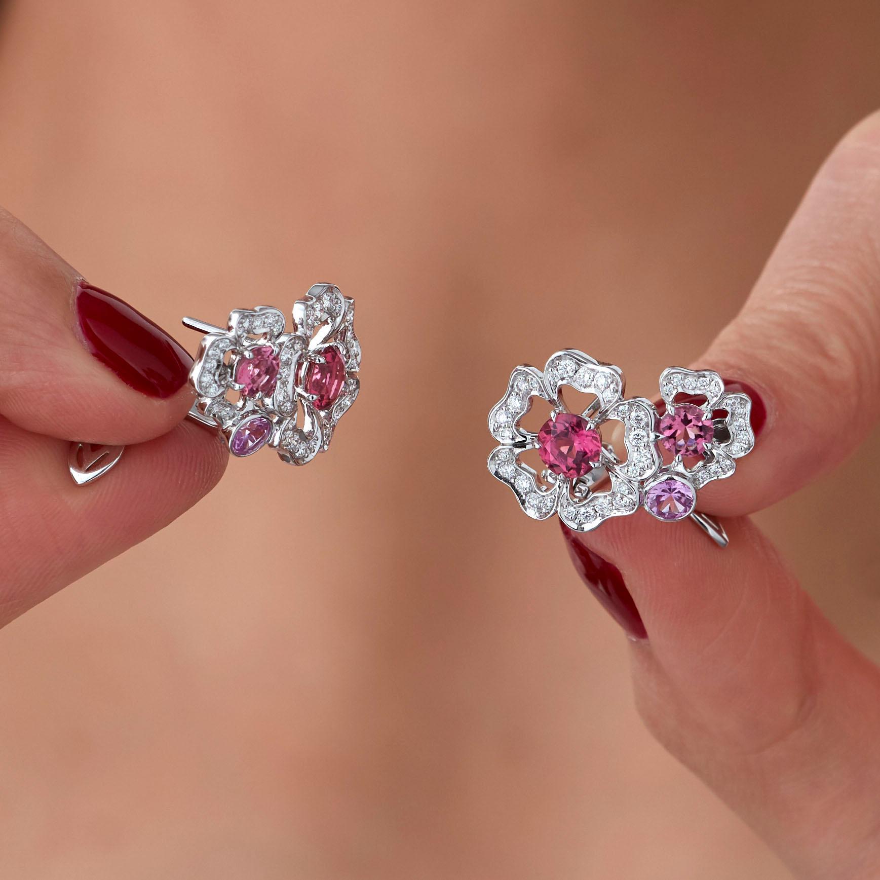 Garrard 'Tudor Rose Petal' 18 Karat White Gold Diamond & Pink Sapphire Earrings 2