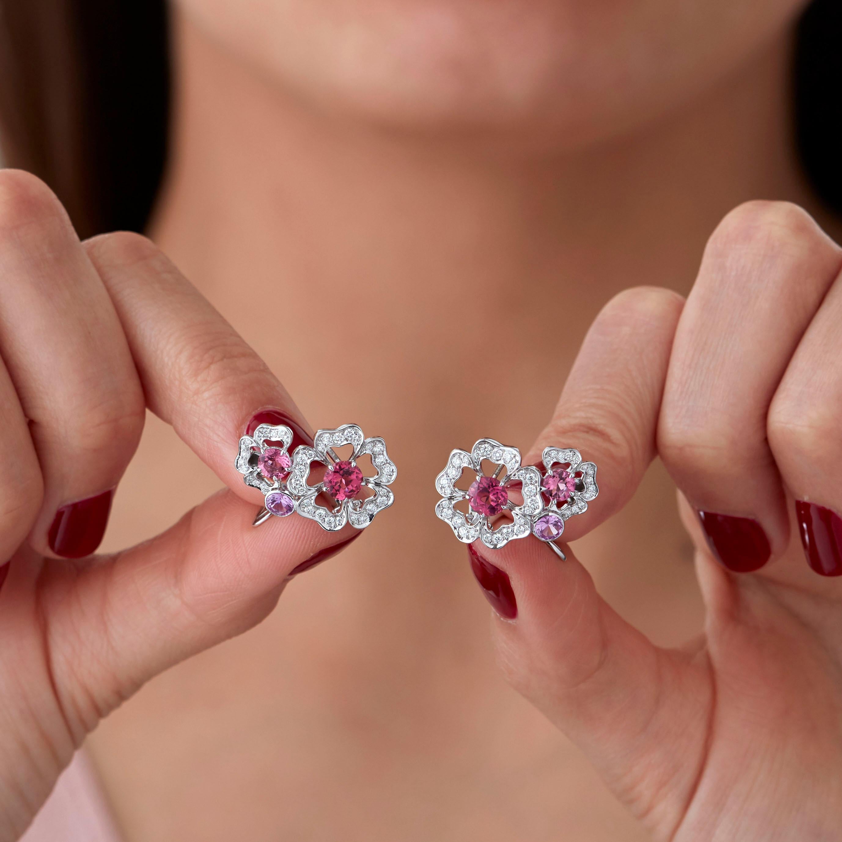 Modern Garrard 'Tudor Rose Petal' 18 Karat White Gold & Diamond Pink Sapphire Earrings For Sale