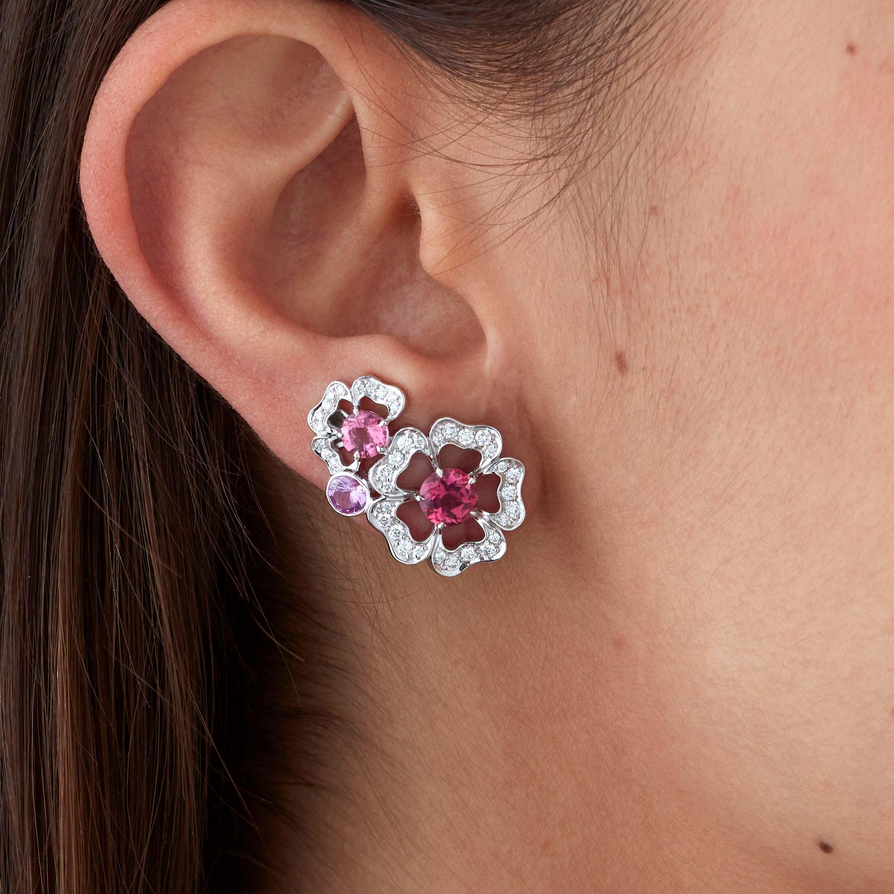 Garrard 'Tudor Rose Petal' 18 Karat White Gold Diamond & Pink Sapphire Earrings 3