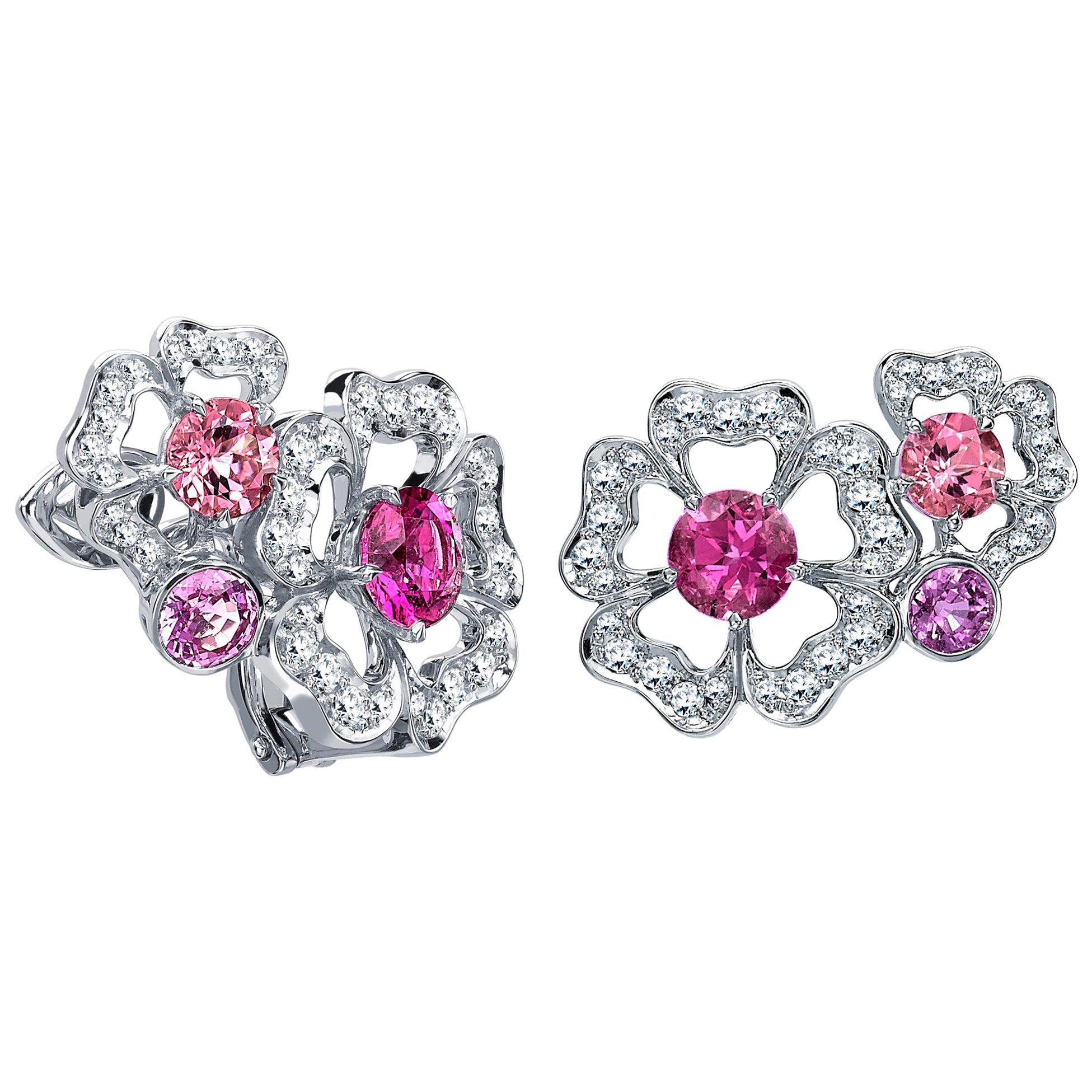 Garrard 'Tudor Rose Petal' 18 Karat White Gold & Diamond Pink Sapphire Earrings For Sale