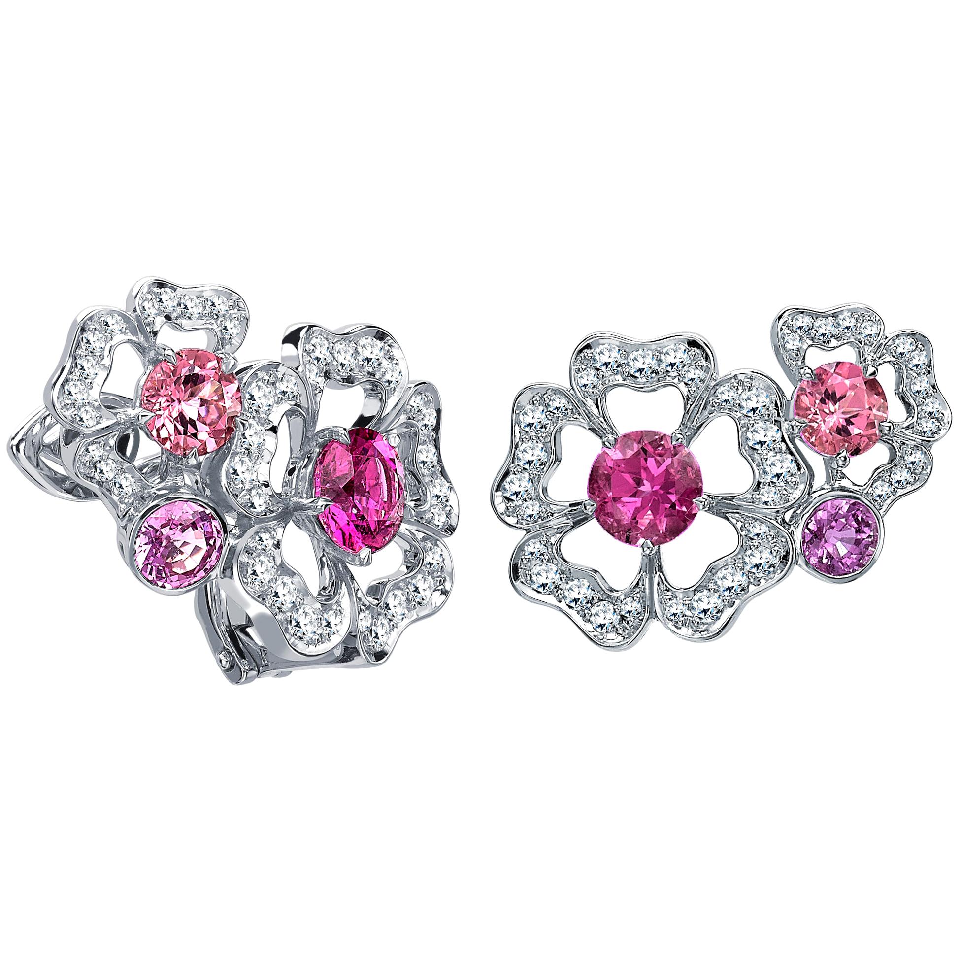 Garrard 'Tudor Rose Petal' 18 Karat White Gold Diamond & Pink Sapphire Earrings