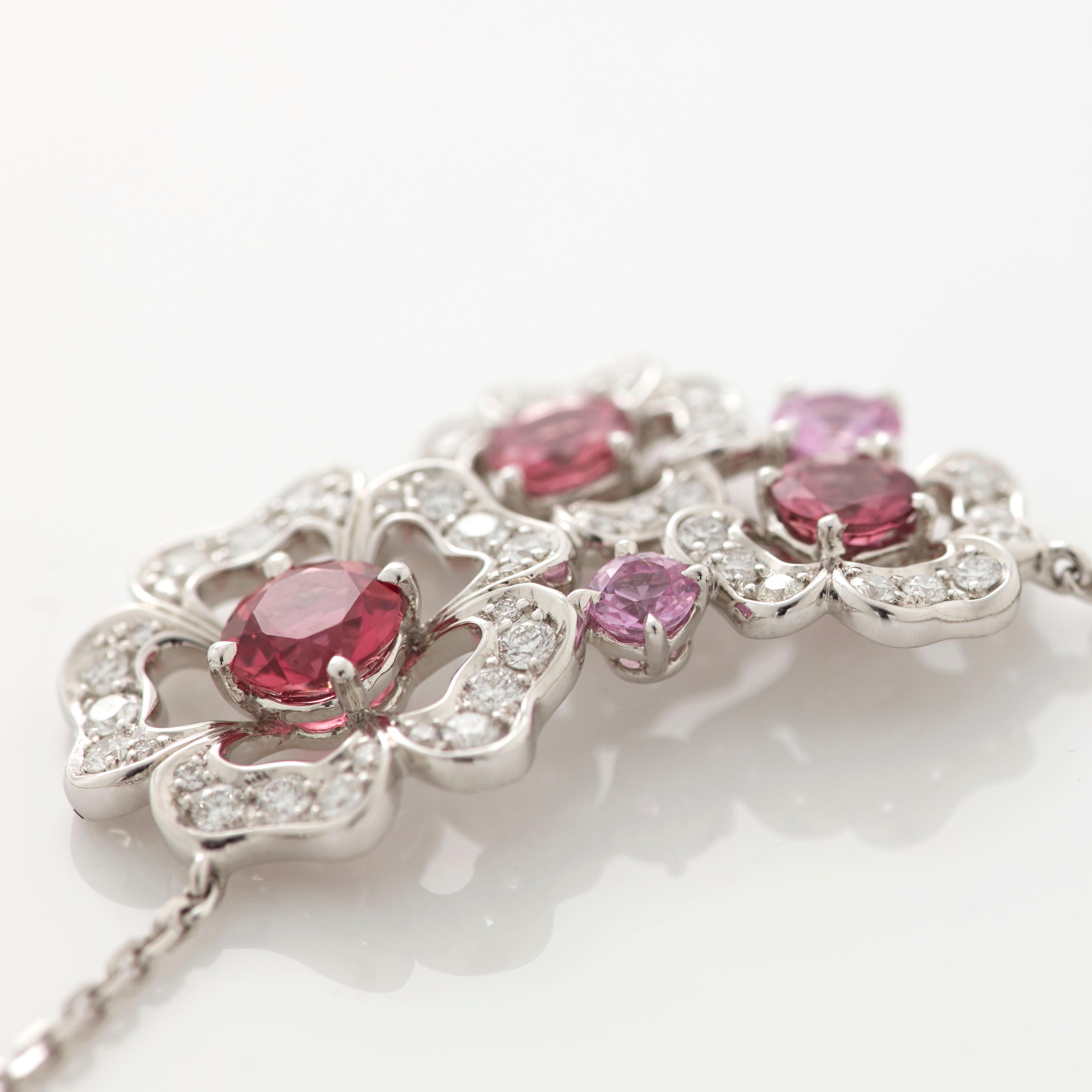 Round Cut Garrard 'Tudor Rose Petal' 18 Karat White Gold Diamond and Pink Sapphire Pendant For Sale