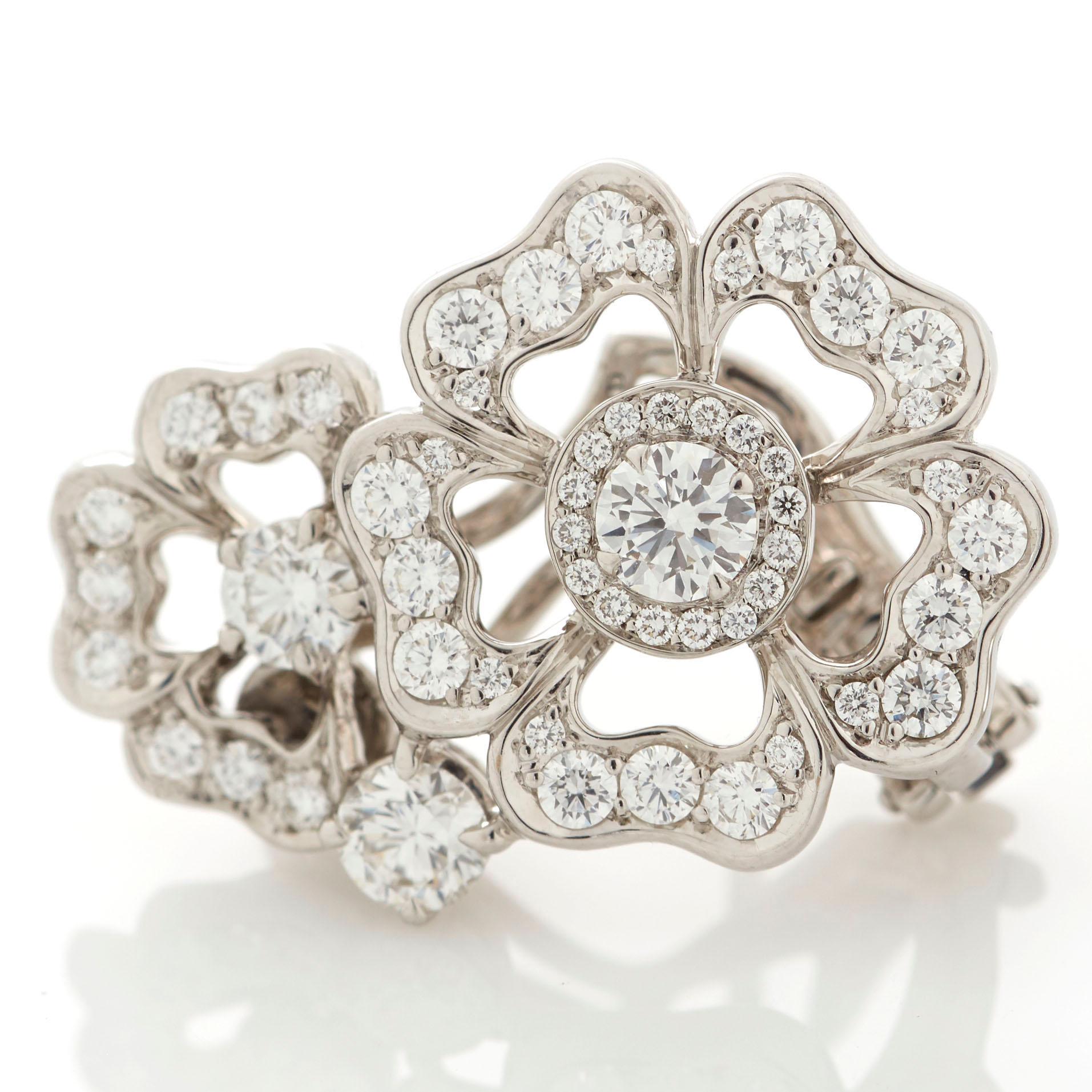 Garrard 'Tudor Rose Petal' 18 Karat White Gold White Diamond Earrings In New Condition In London, London