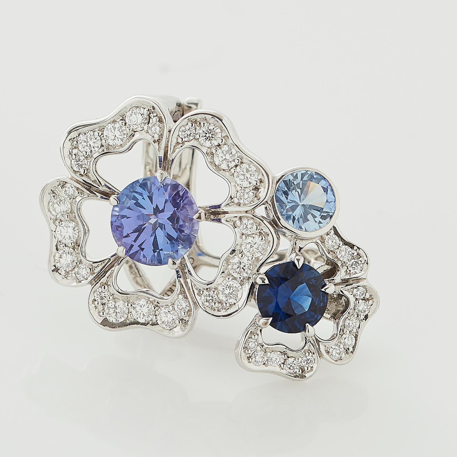 Modern Garrard 'Tudor Rose Petal' White Diamond and Blue Sapphire Earring Climbers For Sale