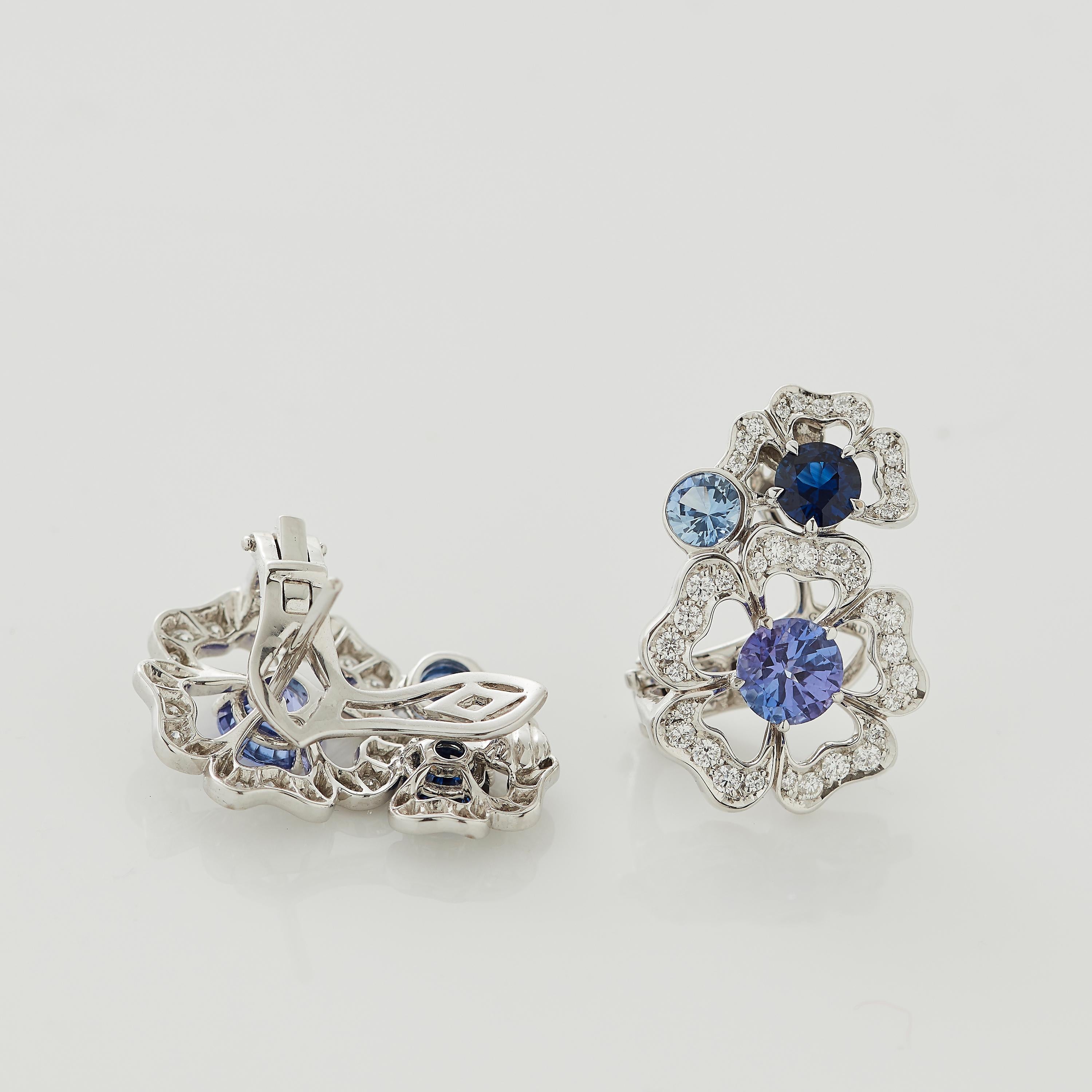 Women's or Men's Garrard 'Tudor Rose Petal' White Diamond and Blue Sapphire Earring Climbers For Sale