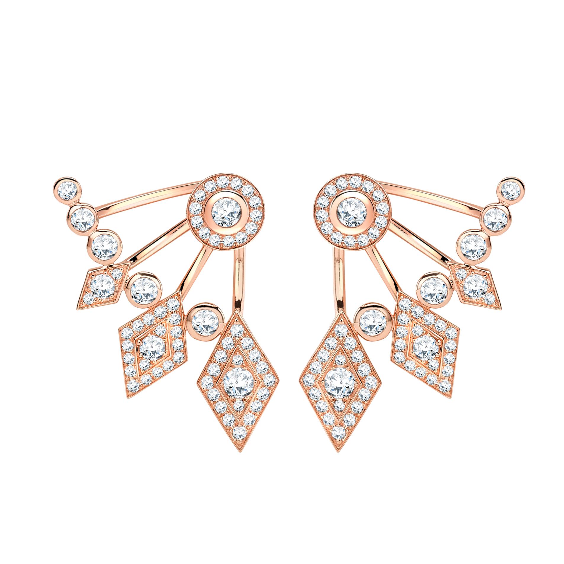 A pair of House of Garrard 18 karat rose gold ear jacket stud earrings from the Twenty Four collection set 122 round white diamonds weighing 1.36 carats. The earrings can be worn with adjustable ear jackets or as stud earrings. 
122 round white