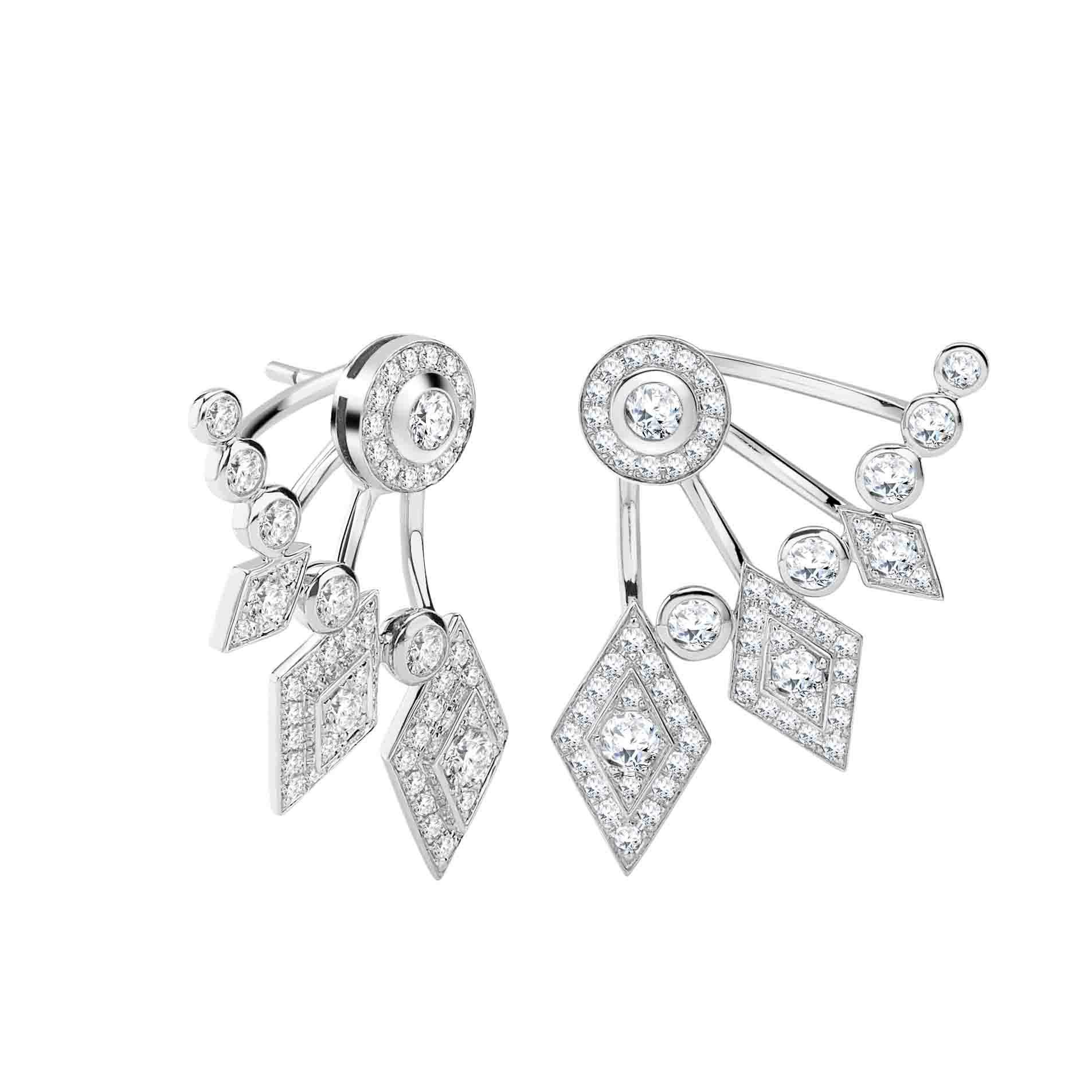 A pair of House of Garrard 18 karat white gold ear jacket stud earrings from the Twenty Four collection set 122 round white diamonds weighing 1.36 carats. The earrings can be worn with adjustable ear jackets or as stud earrings. 

122 round white