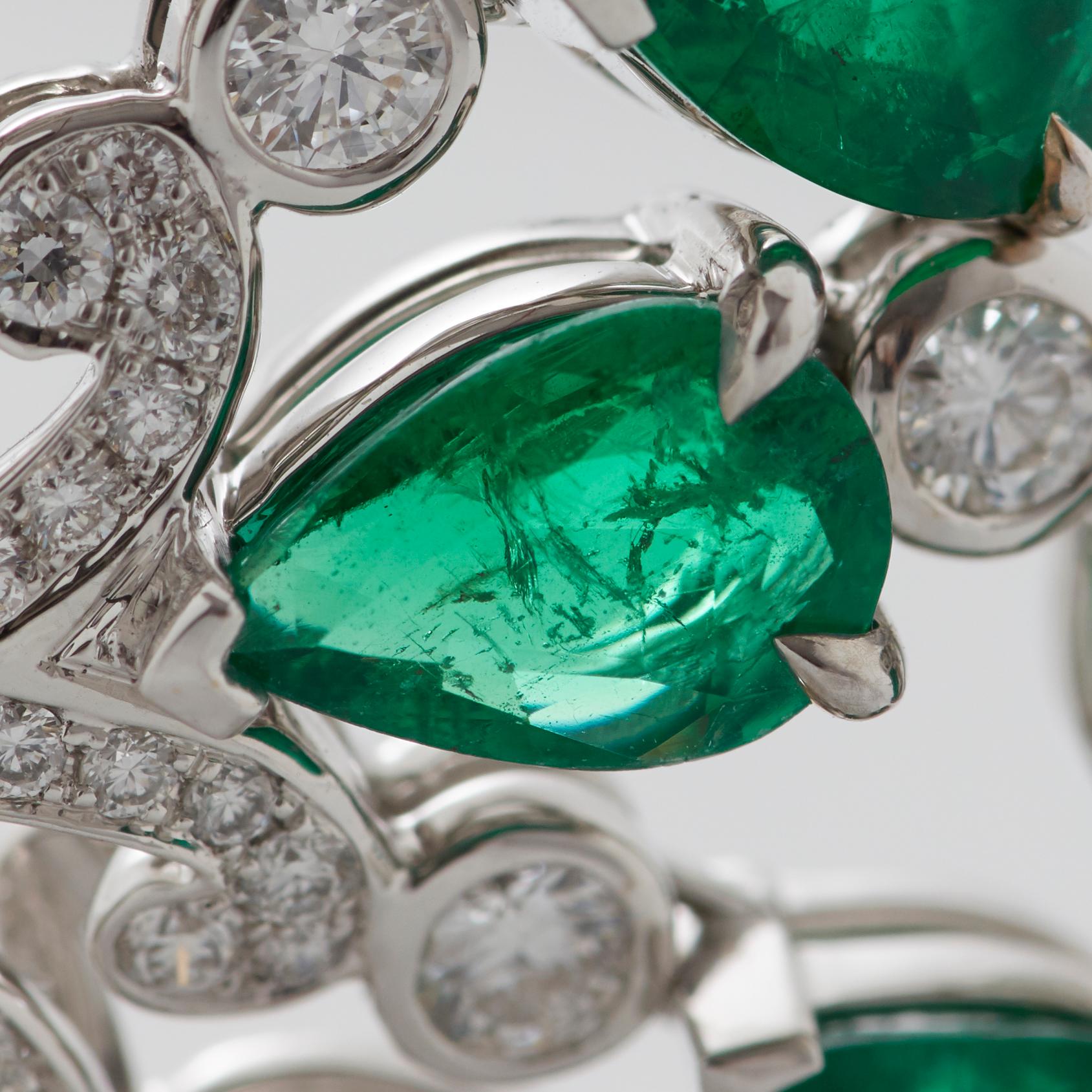 Pear Cut Garrard 'Waterlily' 18 Karat White Gold White Diamond Emerald Drop Earrings For Sale