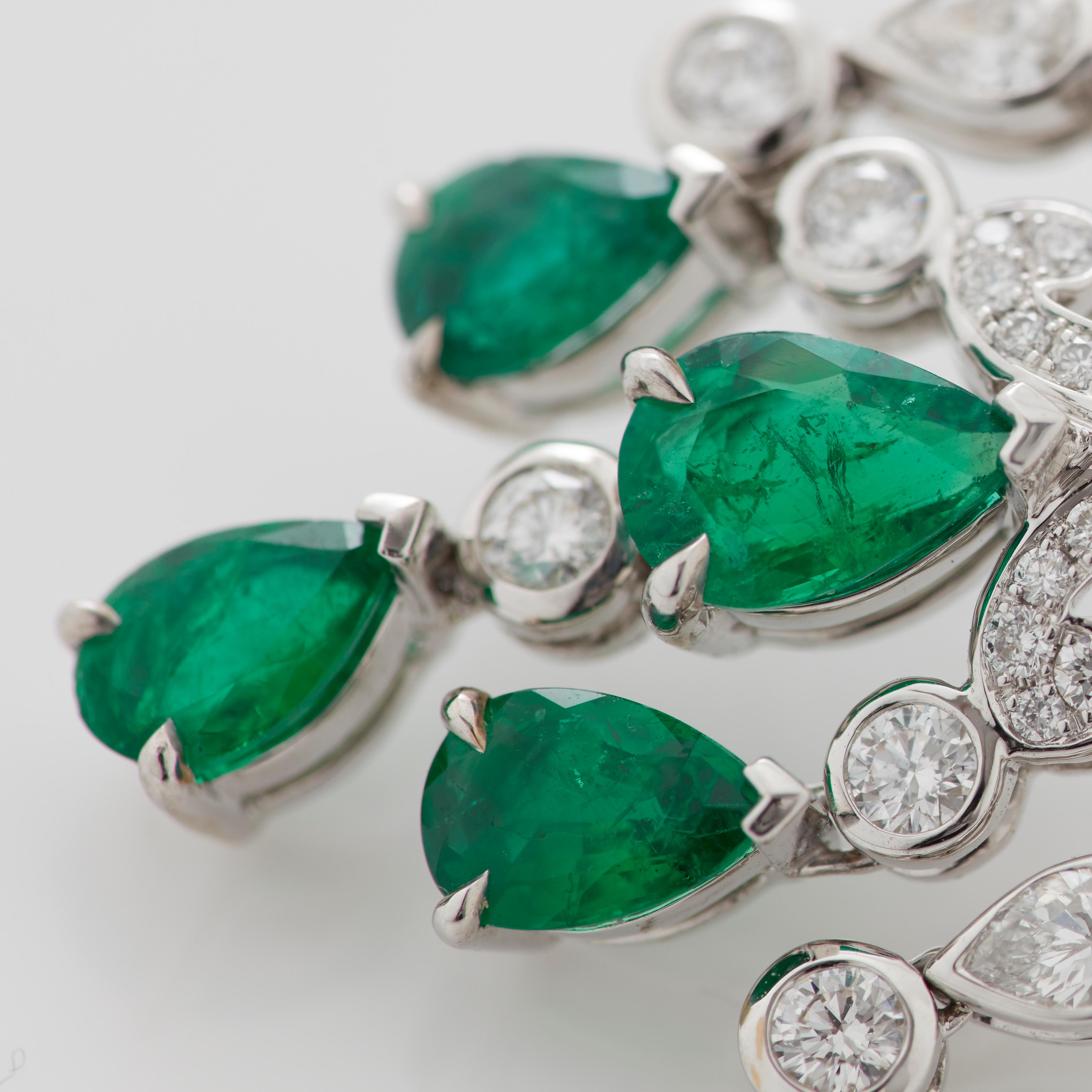Garrard 'Waterlily' 18 Karat White Gold White Diamond Emerald Drop Earrings For Sale 3