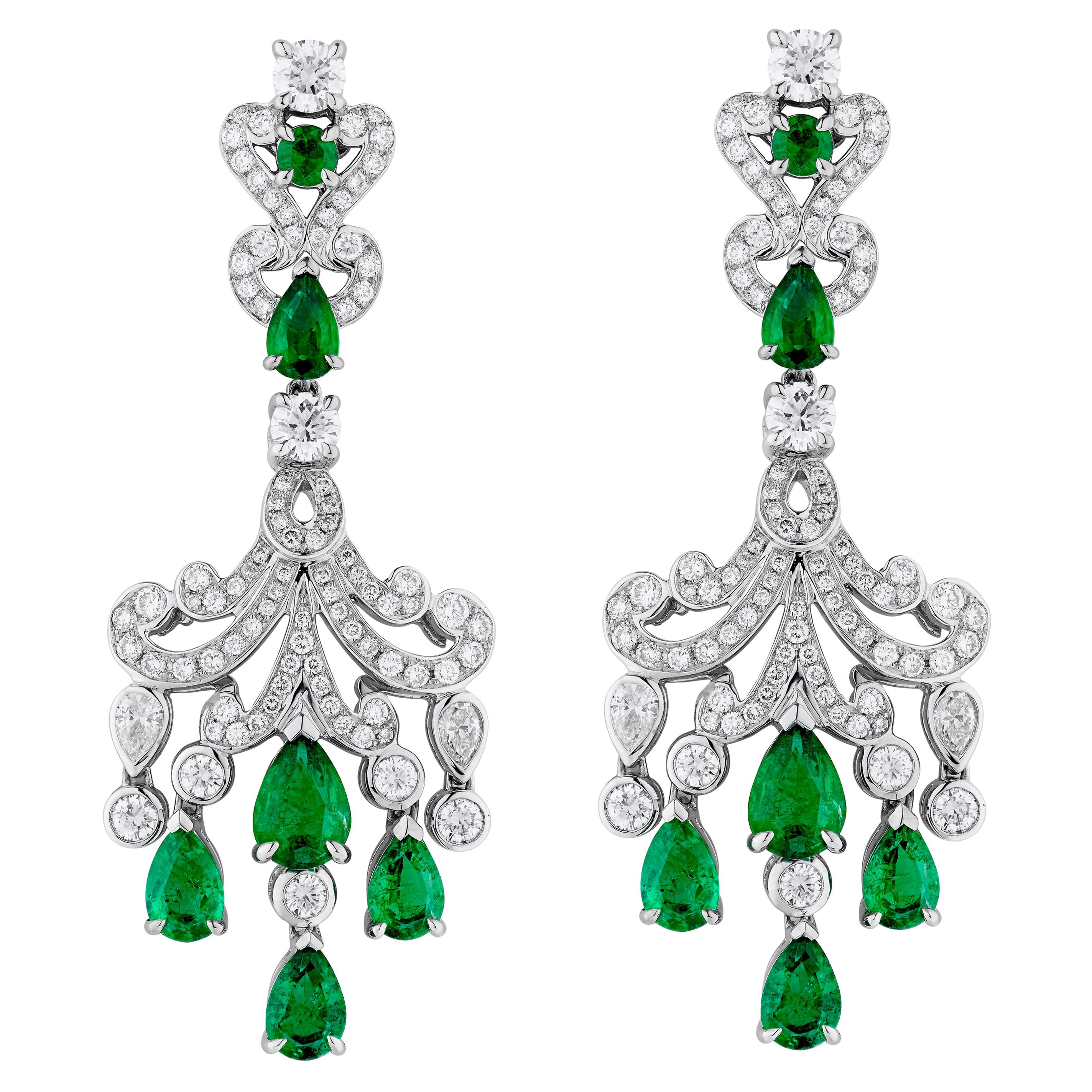 Garrard 'Waterlily' 18 Karat White Gold White Diamond Emerald Drop Earrings For Sale