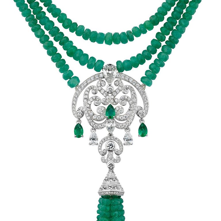 The Iconic High Jewellery Dahlia necklace from the House of Garrard is crafted in 18 karat white gold set with round and pear shape emeralds, polished emerald beads, pear shape and white diamonds of rare beauty.  Every piece starts with a spark of