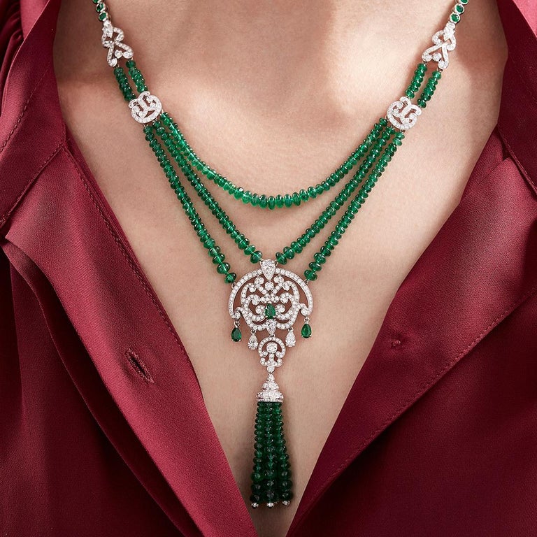 Round Cut Garrard High Jewellery Iconic 73.6ct Emerald Tassel Beaded GIA Diamond Necklace  For Sale