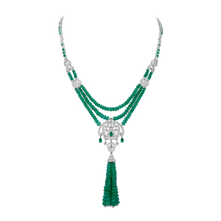 Garrard High Jewellery Iconic 73.6ct Emerald Tassel Beaded GIA Diamond Necklace  For Sale