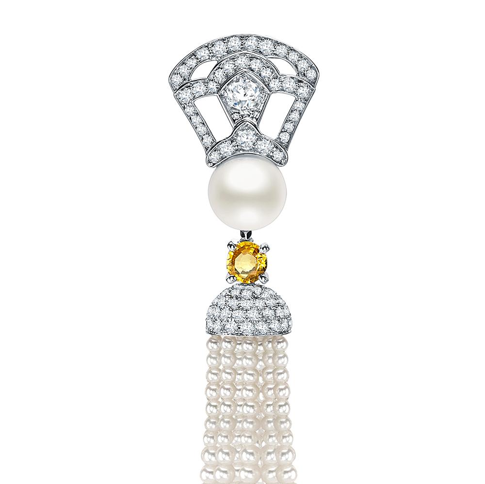 Round Cut Garrard Bridal White Gold, White Diamond, Yellow Sapphire, Pearl Tassel Earrings For Sale