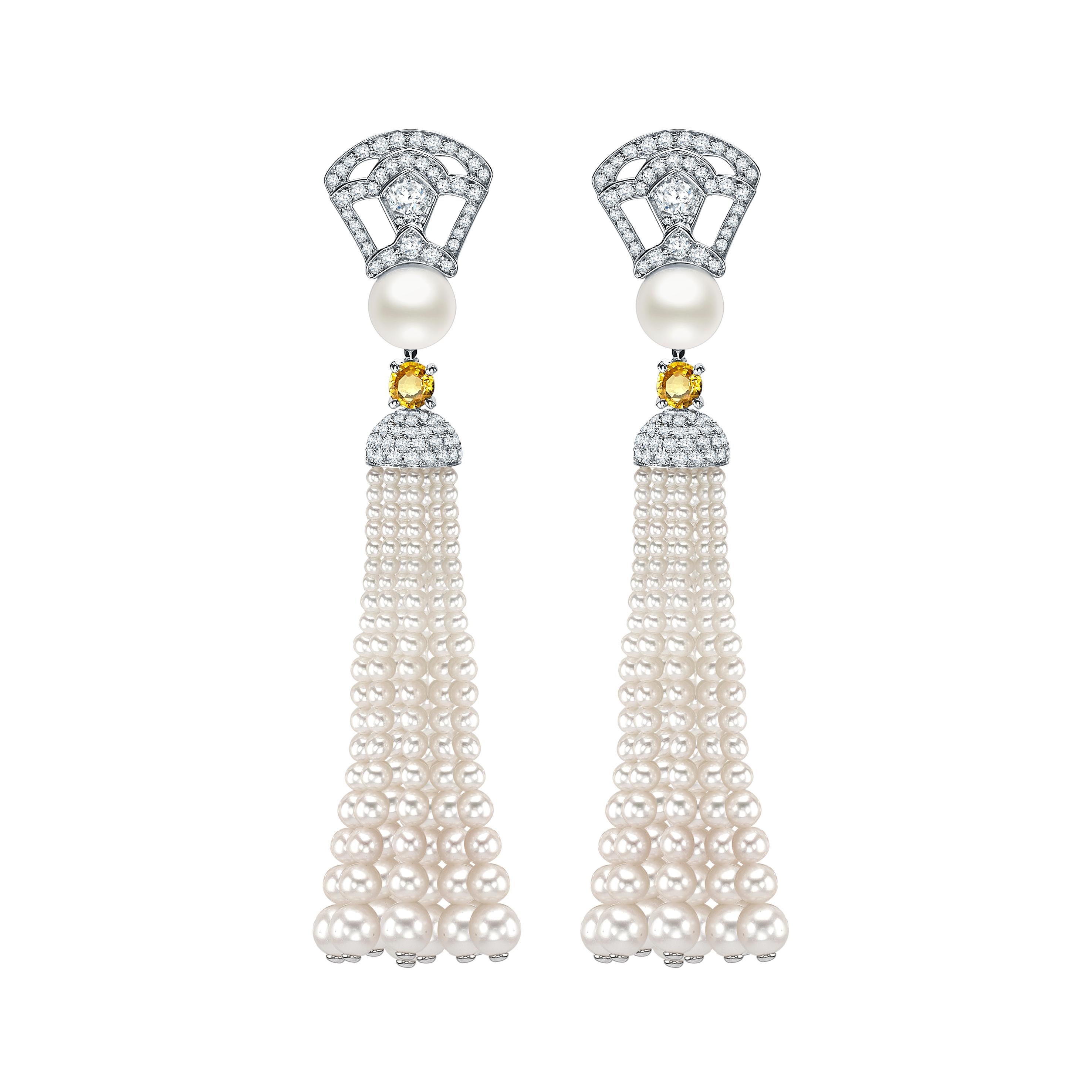 Garrard Bridal White Gold, White Diamond, Yellow Sapphire, Pearl Tassel Earrings For Sale